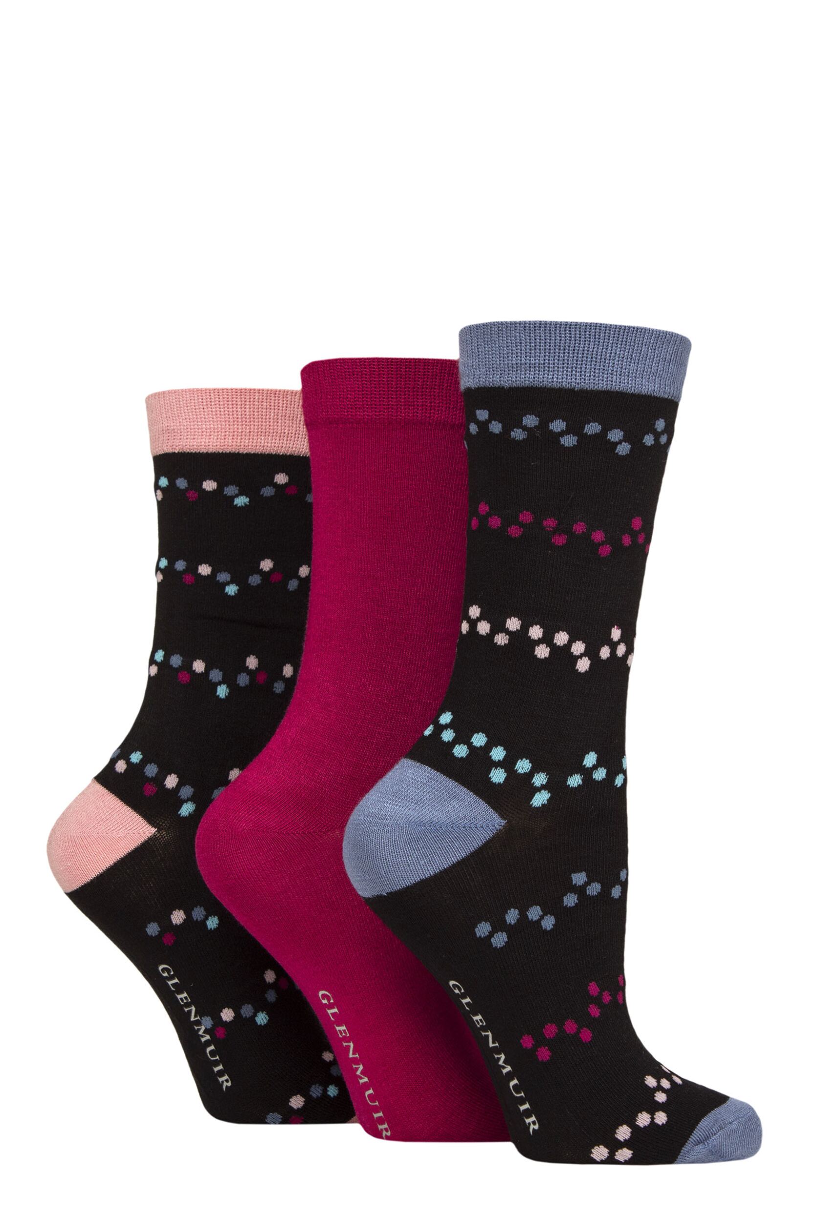 Image of Women's 3 Pair Glenmuir Patterned Bamboo Socks Spots / Plain Black 4-8