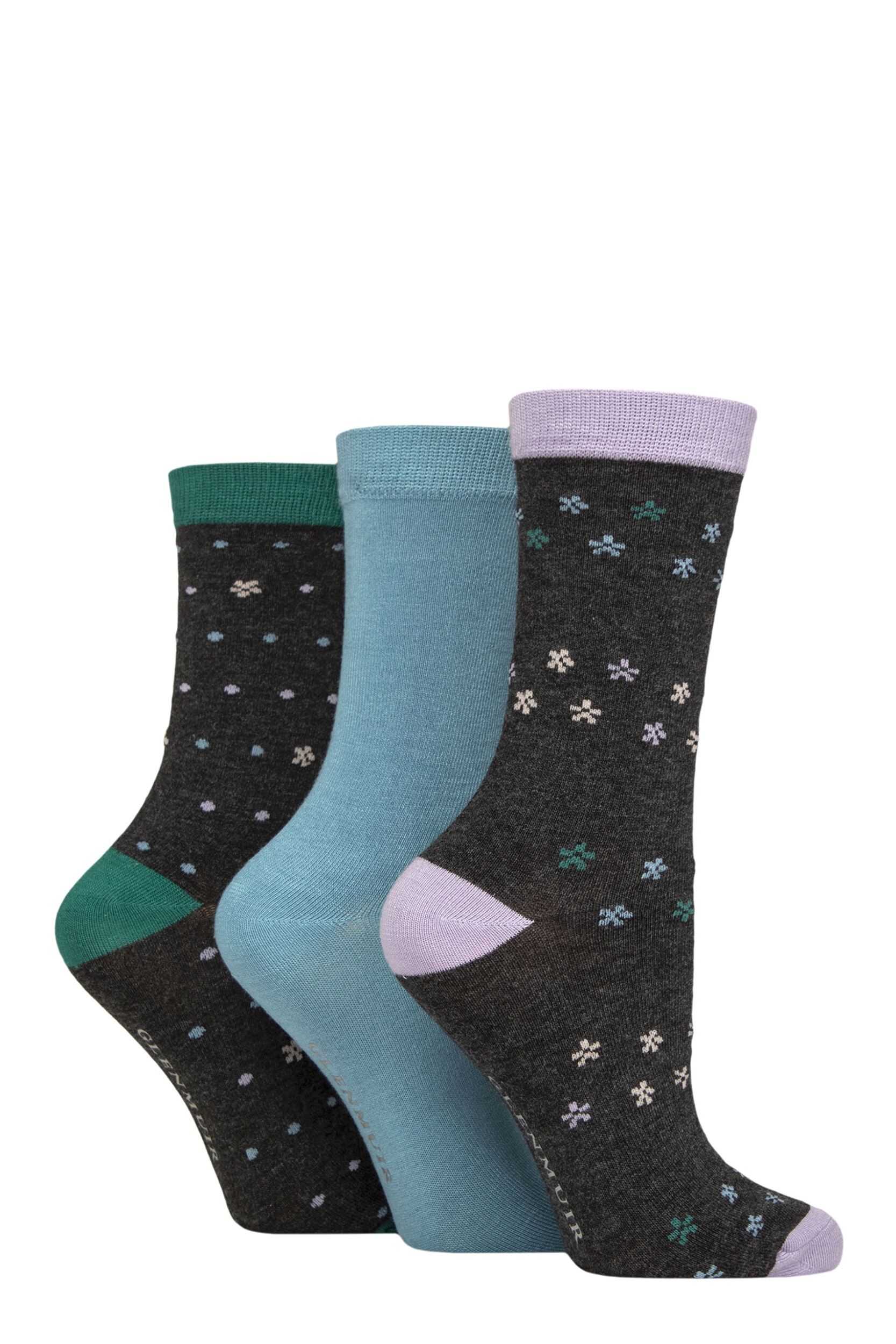 Image of Women's 3 Pair Glenmuir Patterned Bamboo Socks Flower Trail Charcoal 4-8