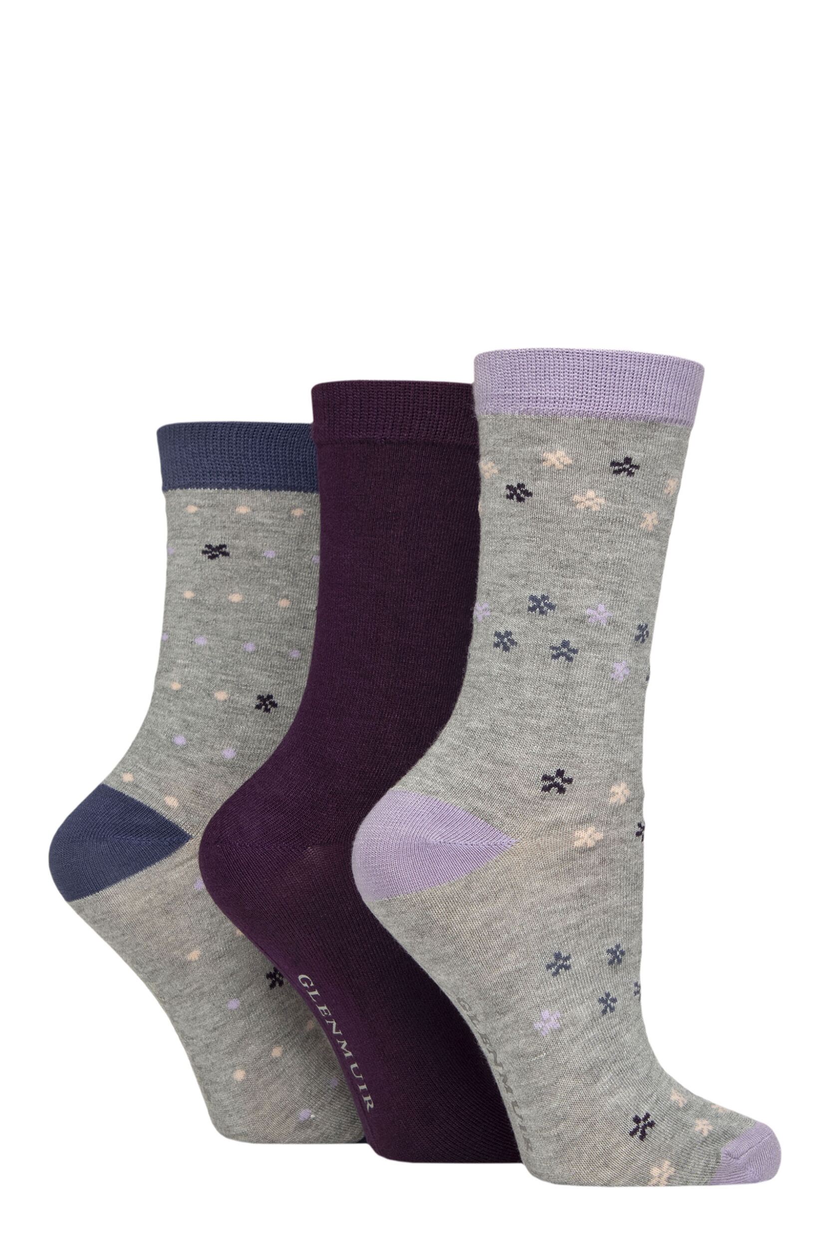 Women’s 3 Pair Glenmuir Patterned Bamboo Socks Flower Trail Grey 4-8