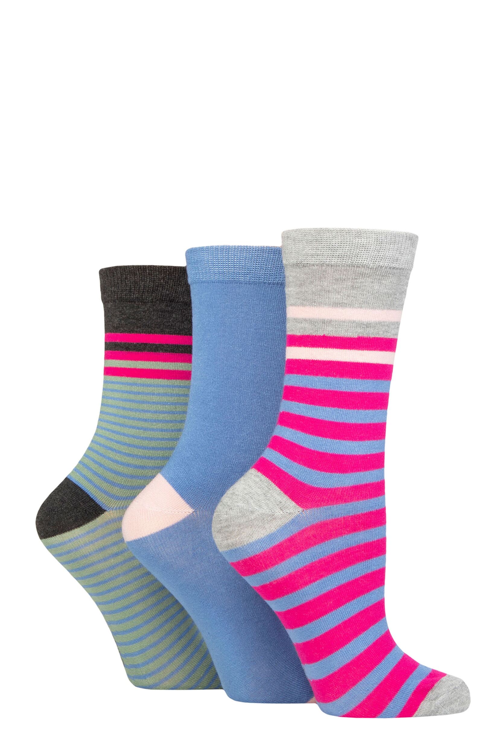 Women's 3 Pair Glenmuir Patterned Bamboo Socks Stripe Light Grey 4-8 Ladies