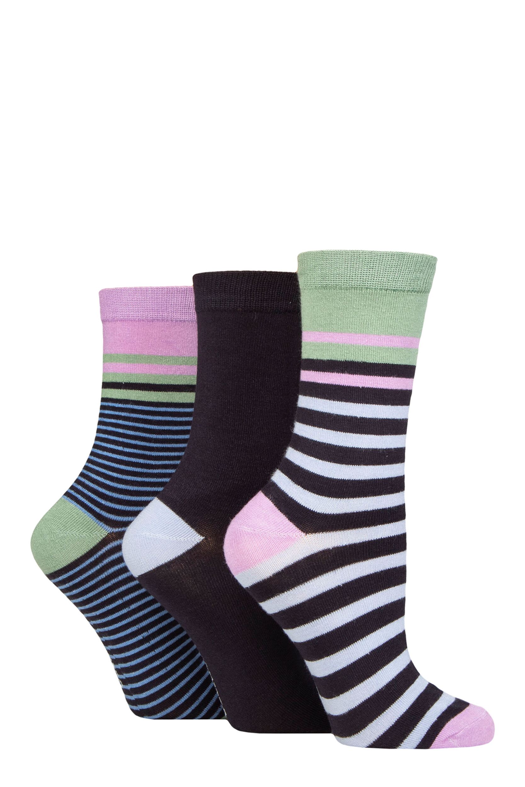 Image of Women's 3 Pair Glenmuir Patterned Bamboo Socks Stripe Navy 4-8 Ladies