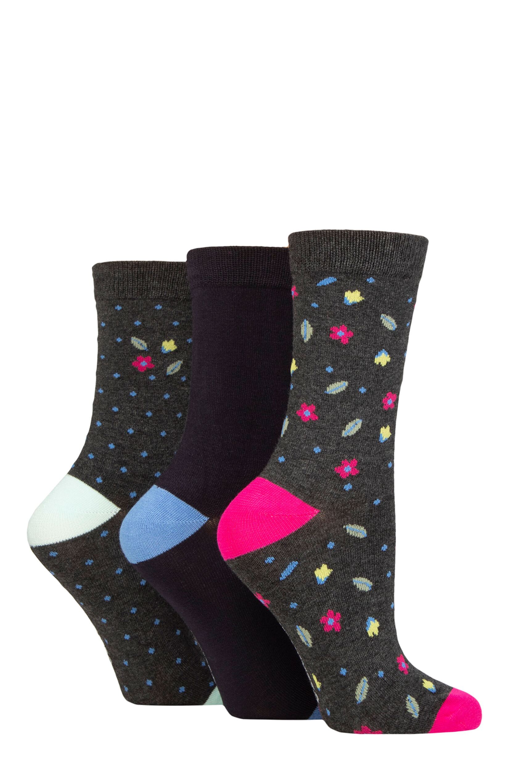 Women's 3 Pair Glenmuir Patterned Bamboo Socks Flowers Charcoal 4-8 Ladies