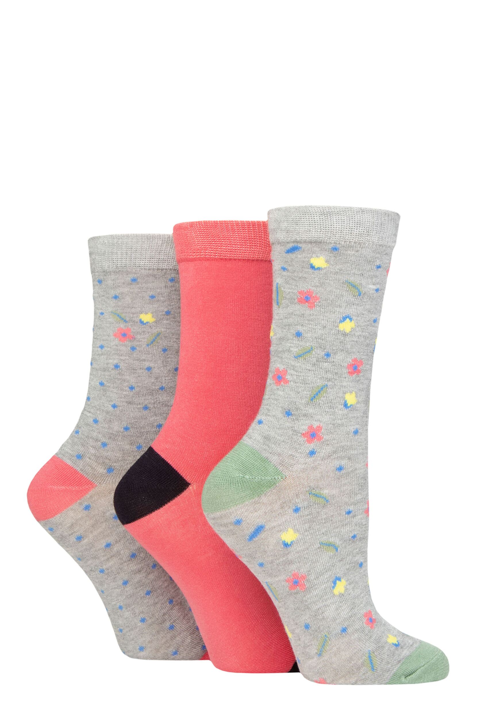 Women's 3 Pair Glenmuir Patterned Bamboo Socks Flowers Light Grey 4-8 Ladies
