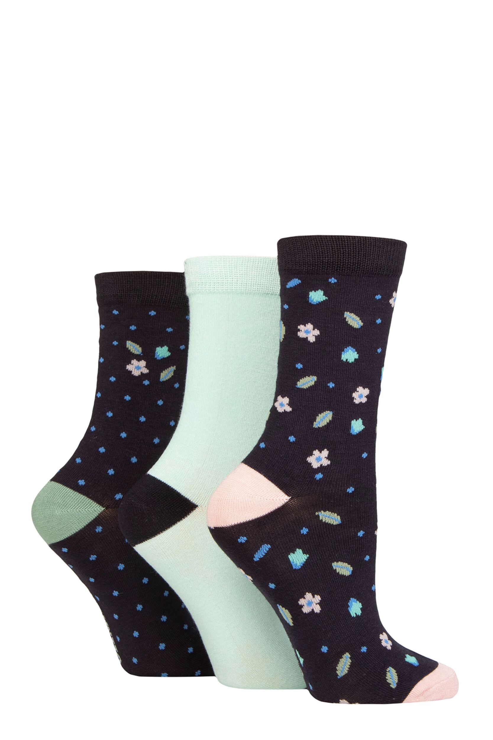 Women's 3 Pair Glenmuir Patterned Bamboo Socks Flowers Navy 4-8 Ladies