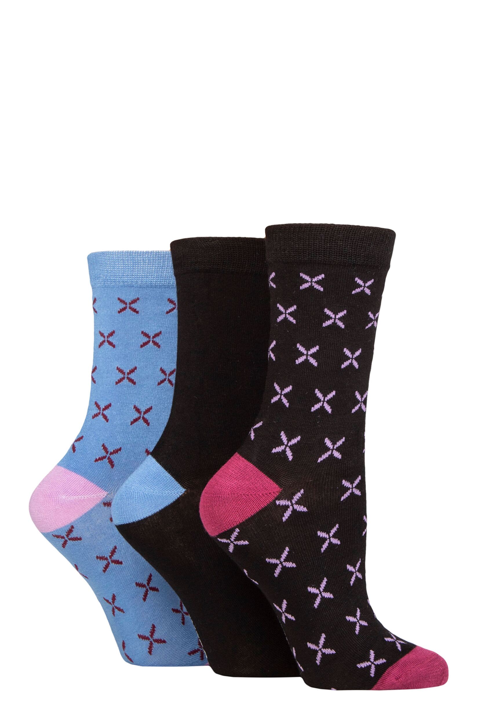 Image of Women's 3 Pair Glenmuir Patterned Bamboo Socks Cross Black 4-8 Ladies