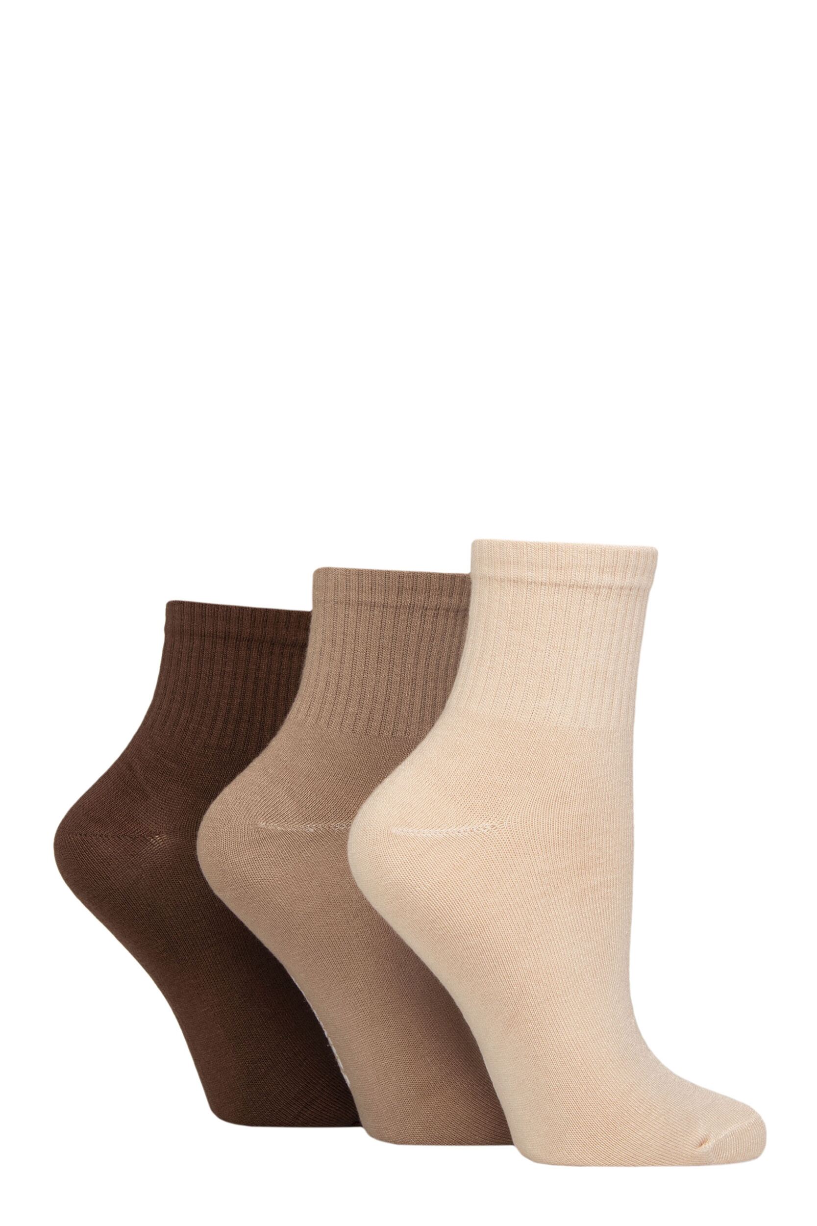 Women’s 3 Pair Glenmuir Bamboo Cropped Socks Ribbed Beige / Brown 4-8