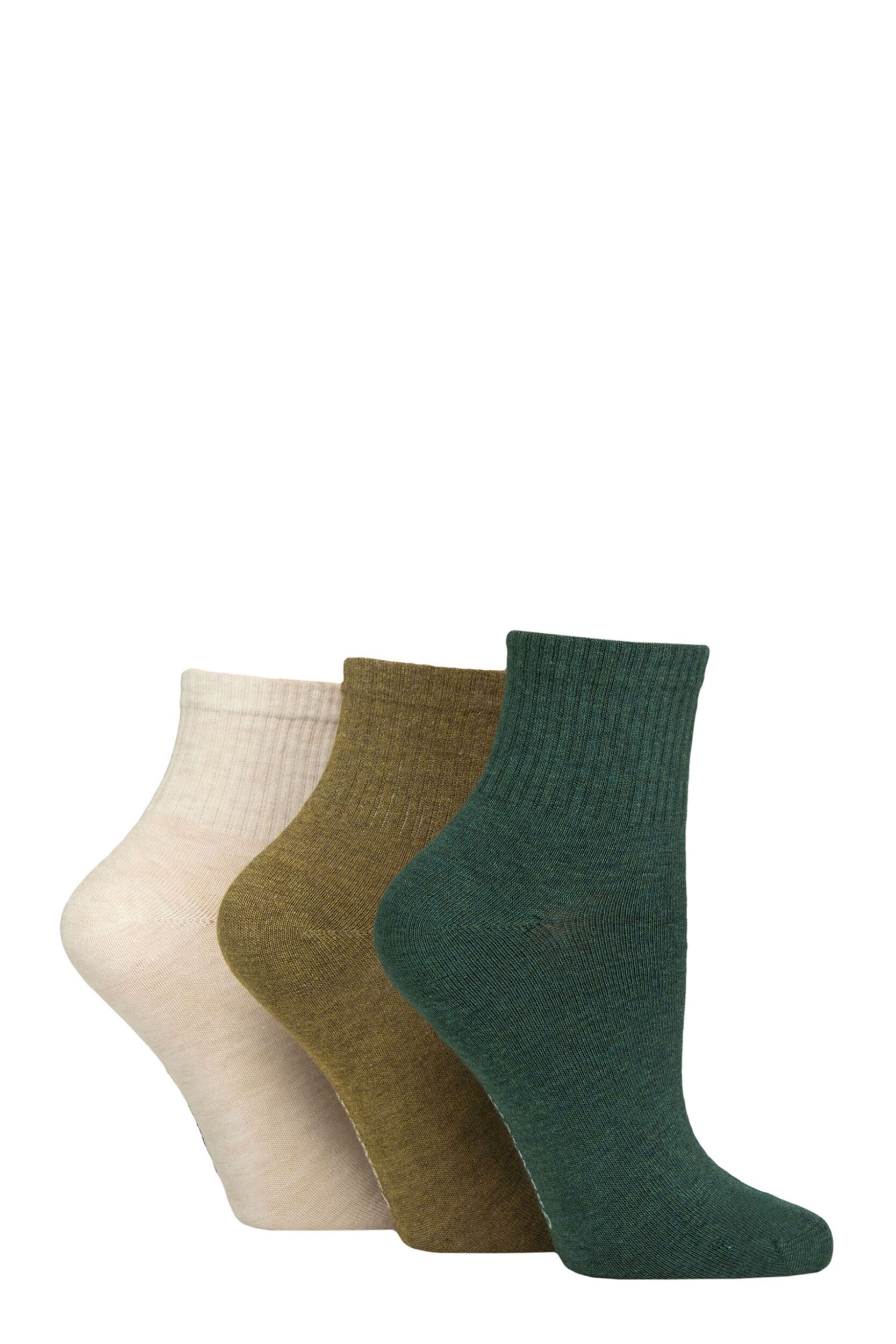 Women’s 3 Pair Glenmuir Bamboo Cropped Socks Ribbed Green / Khaki / Cream 4-8