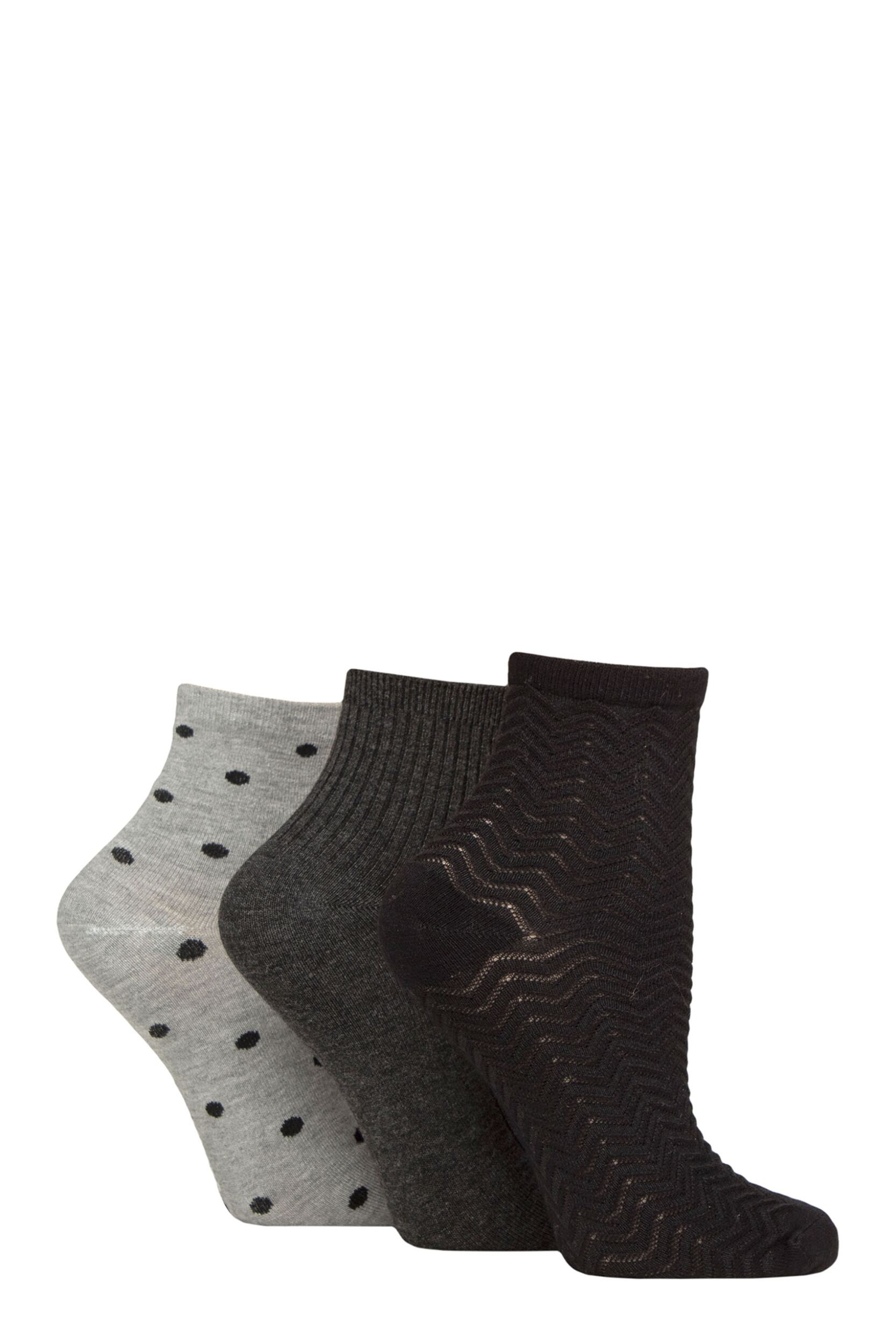 Women’s 3 Pair Glenmuir Bamboo Cropped Socks Textured Black / Charcoal / Grey 4-8