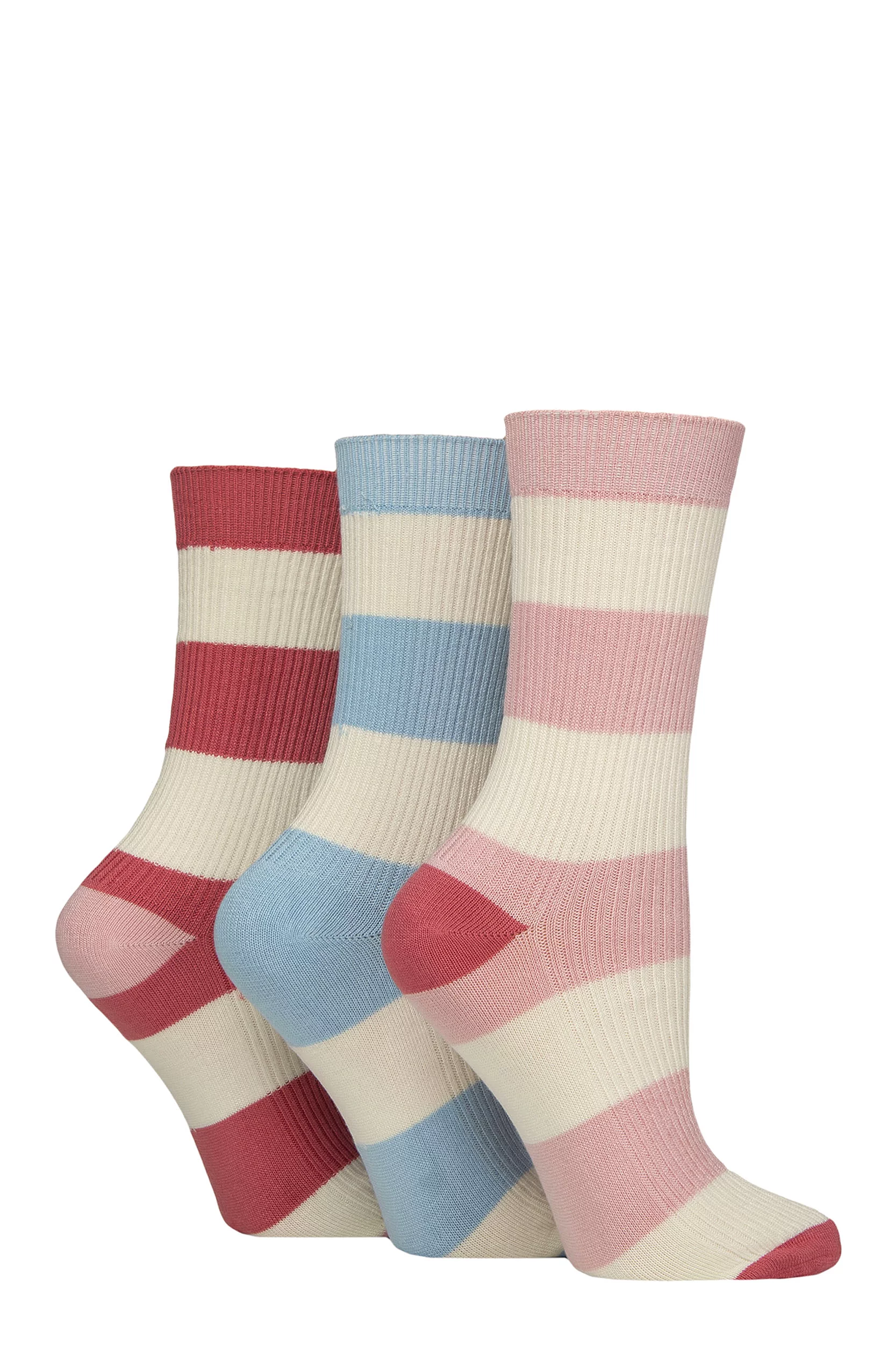 Women's 3 Pair Glenmuir Bamboo Leisure Socks Stripes Pink / Blue / Cream 4-8 Women'