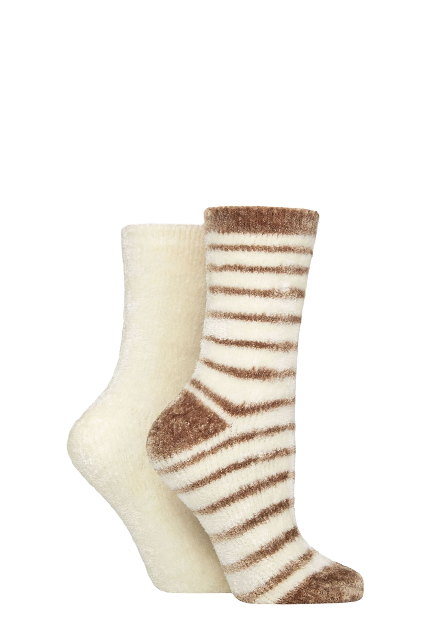 Image of Women's 2 Pair Glenmuir Chenille Cosy Lounge Socks Brown / Cream 4-8