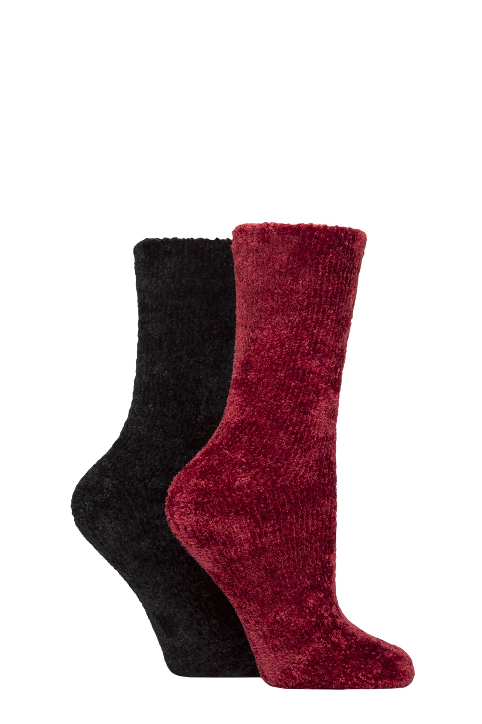 Image of Women's 2 Pair Glenmuir Chenille Cosy Lounge Socks Burgundy / Black 4-8