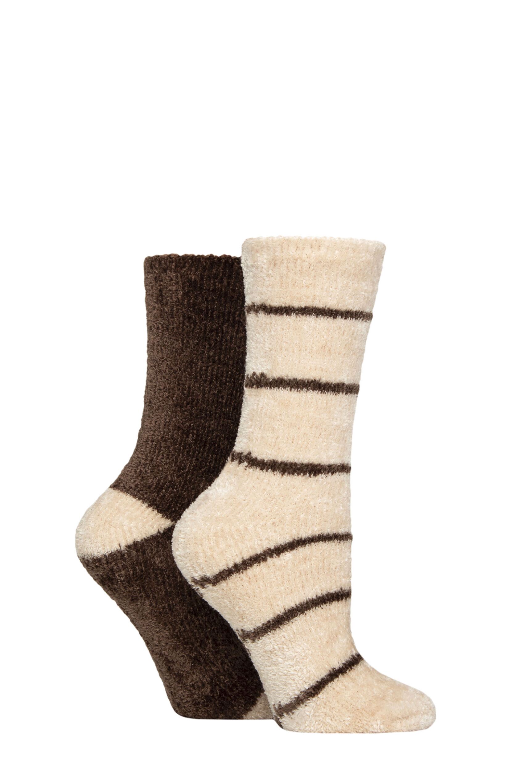 Women's 2 Pair Glenmuir Chenille Cosy Lounge Socks Cocoa Stripe 4