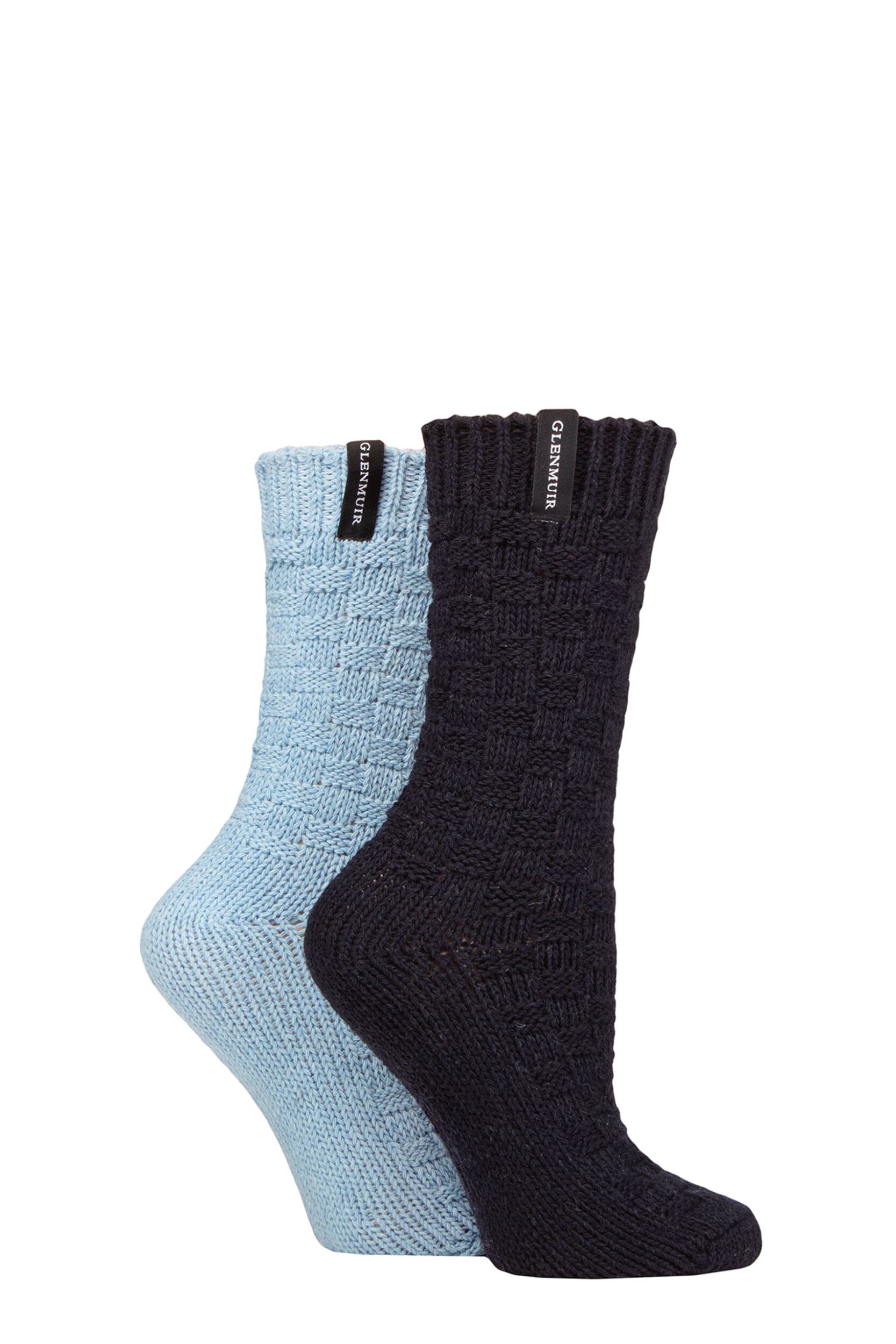 Women's 2 Pair Glenmuir Classic Fashion Boot Socks Square Plain Navy UK 4-8