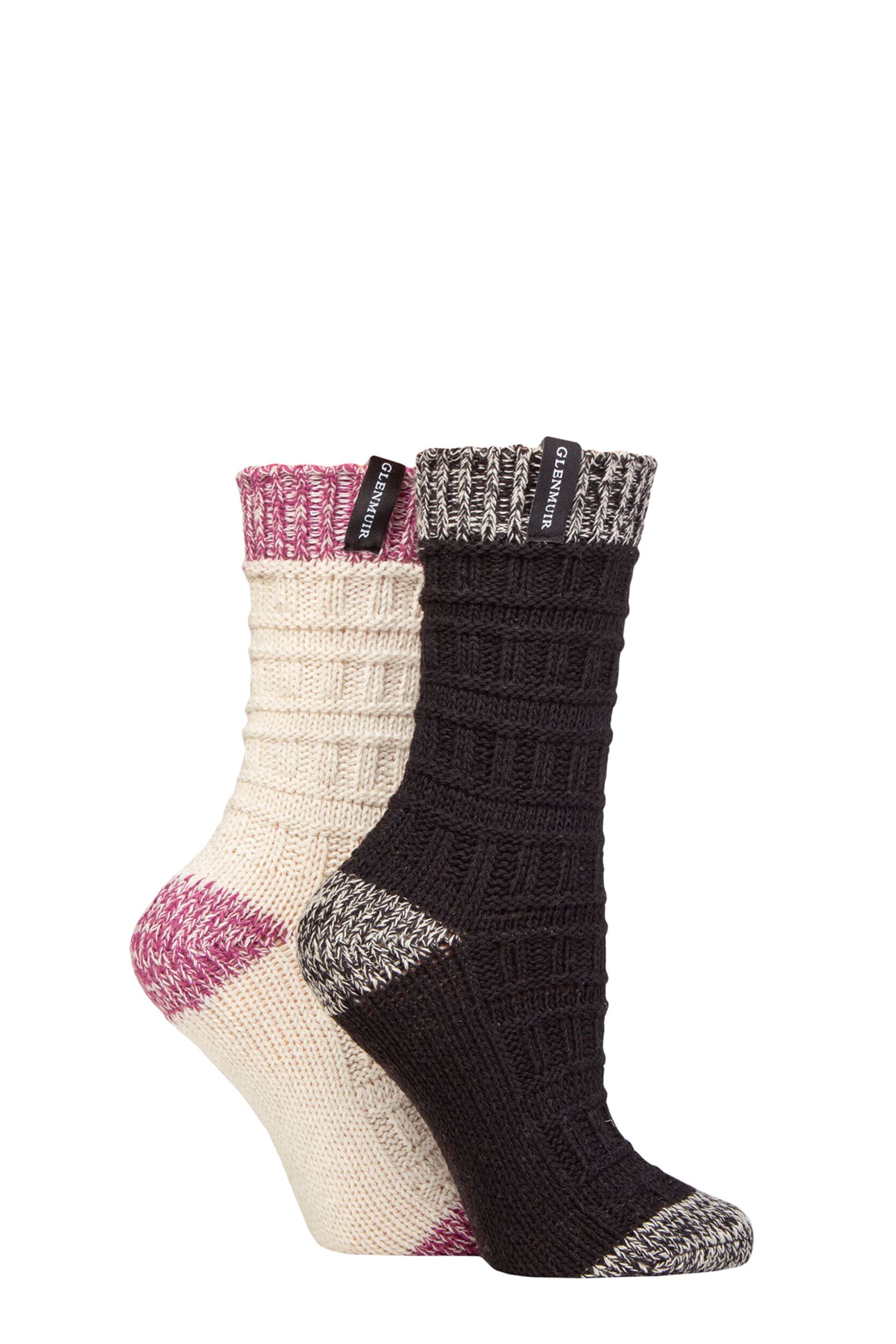 Women's 2 Pair Glenmuir Classic Fashion Boot Socks Stripe Black / Cream UK 4-8