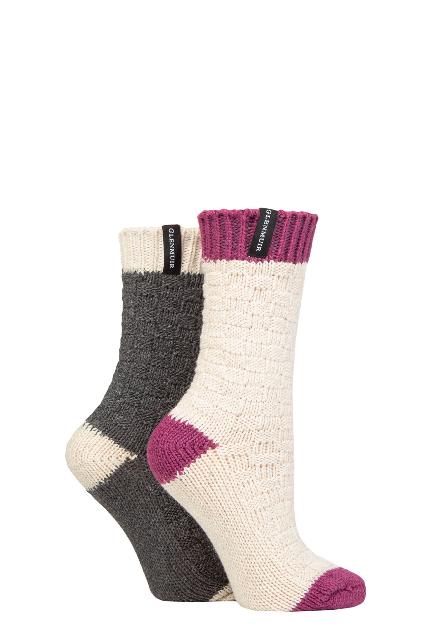 Women's 2 Pair Glenmuir Classic Fashion Boot Socks Square Charcoal / Beige UK 4-8