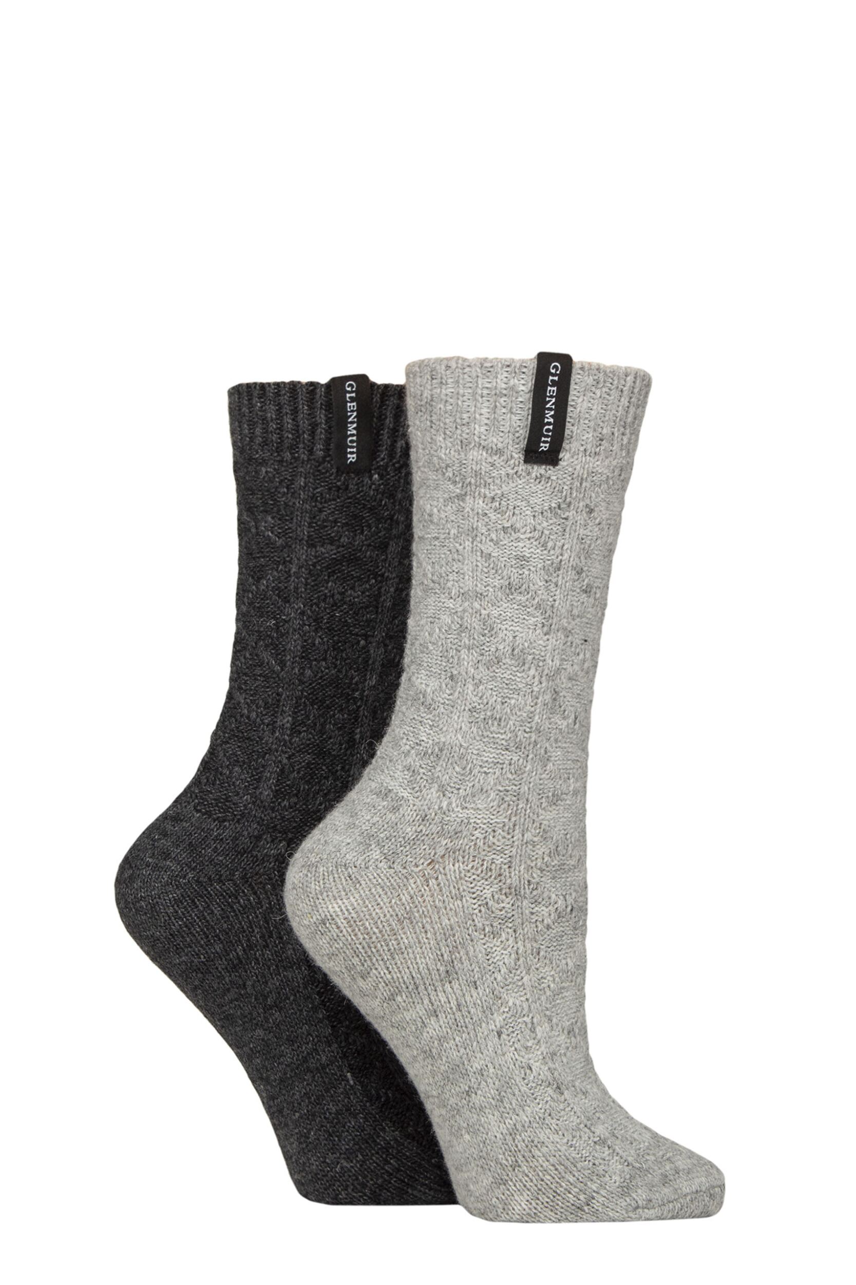 Women's 2 Pair Glenmuir Classic Fashion Boot Socks Cable Diamond Light Grey / Charcoal 4-8 Women's