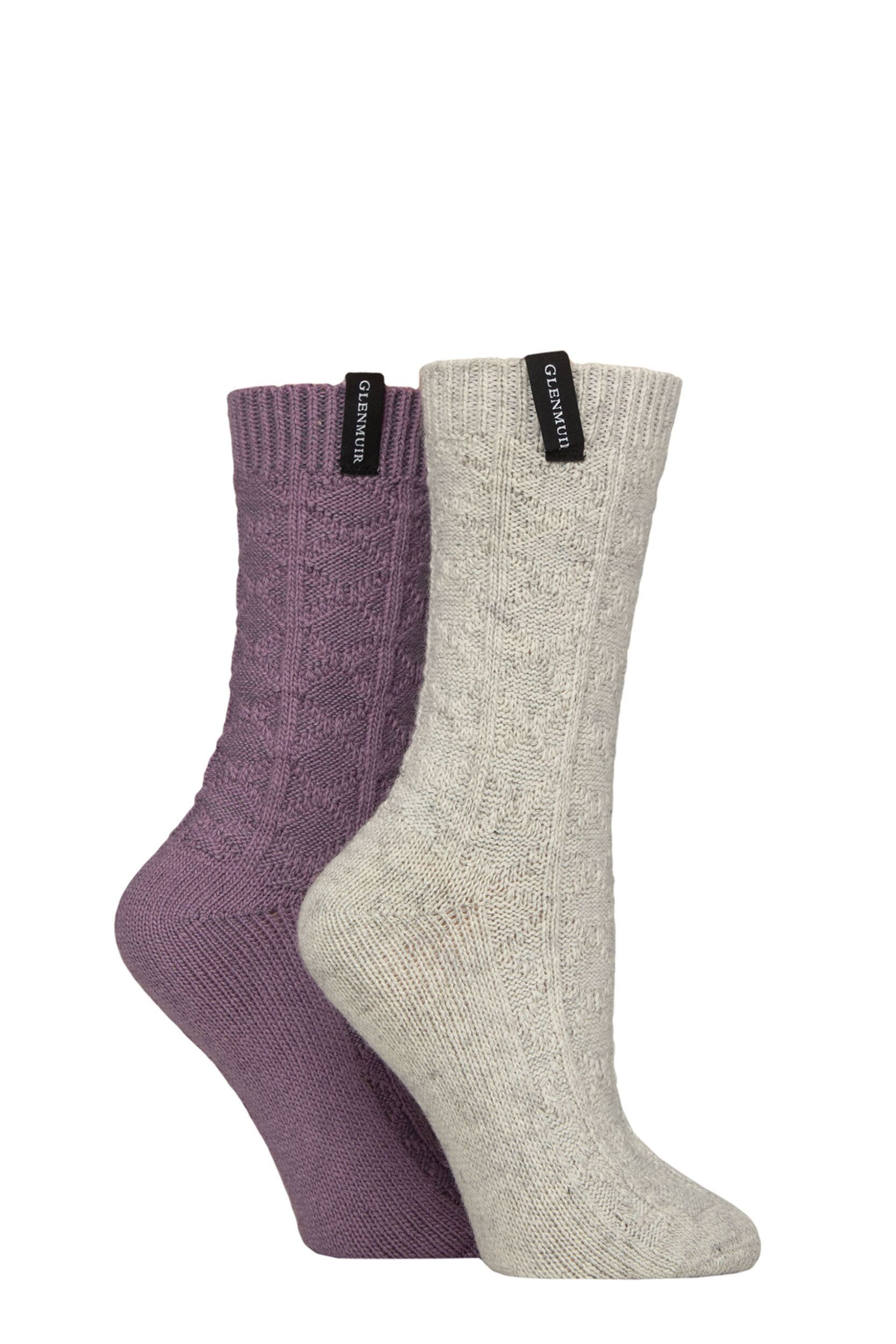 Women's 2 Pair Glenmuir Classic Fashion Boot Socks Cable Diamond Stone / Purple 4-8 Women's