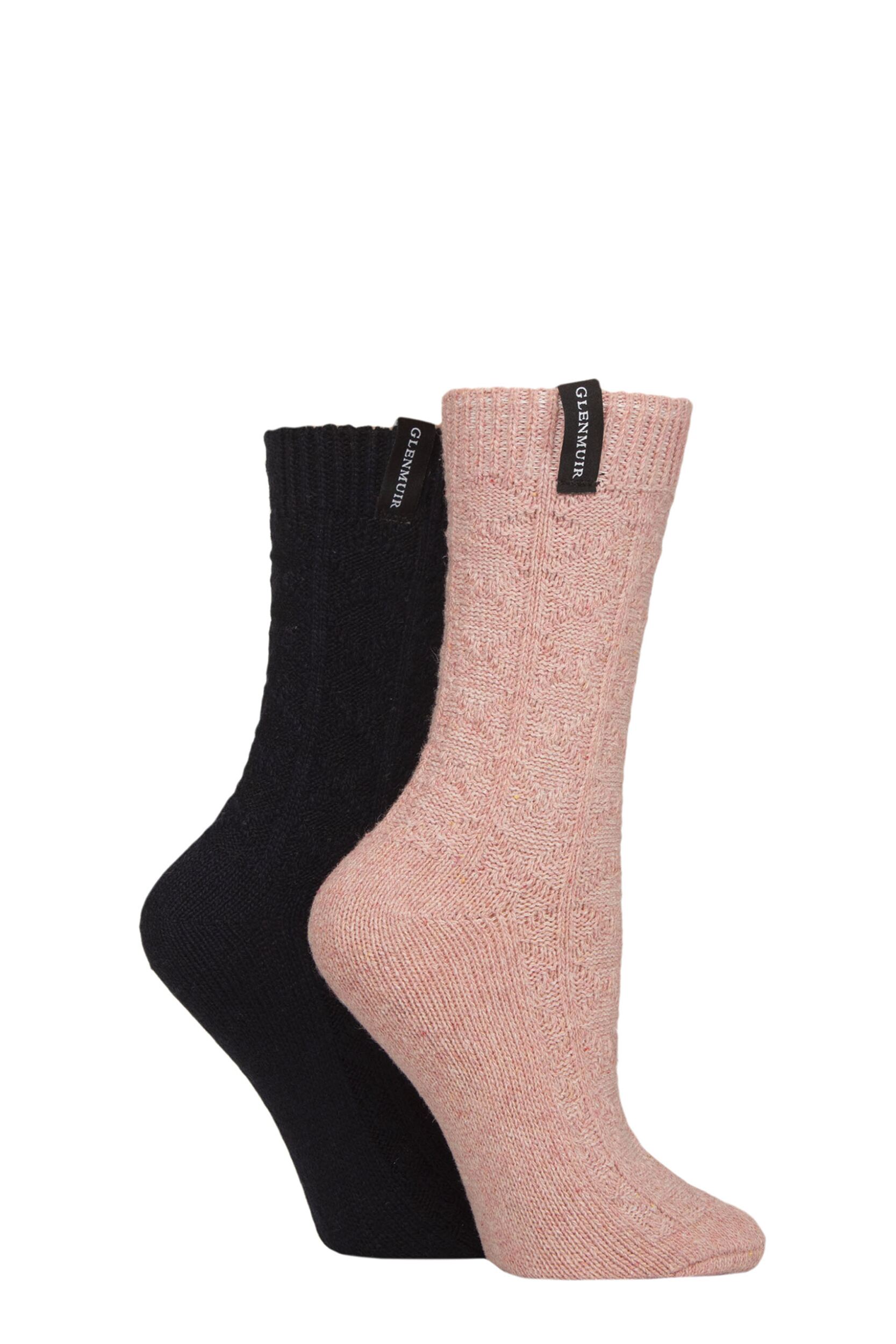 Women's 2 Pair Glenmuir Classic Fashion Boot Socks Cable Diamond Pink / Navy 4-8 Women's