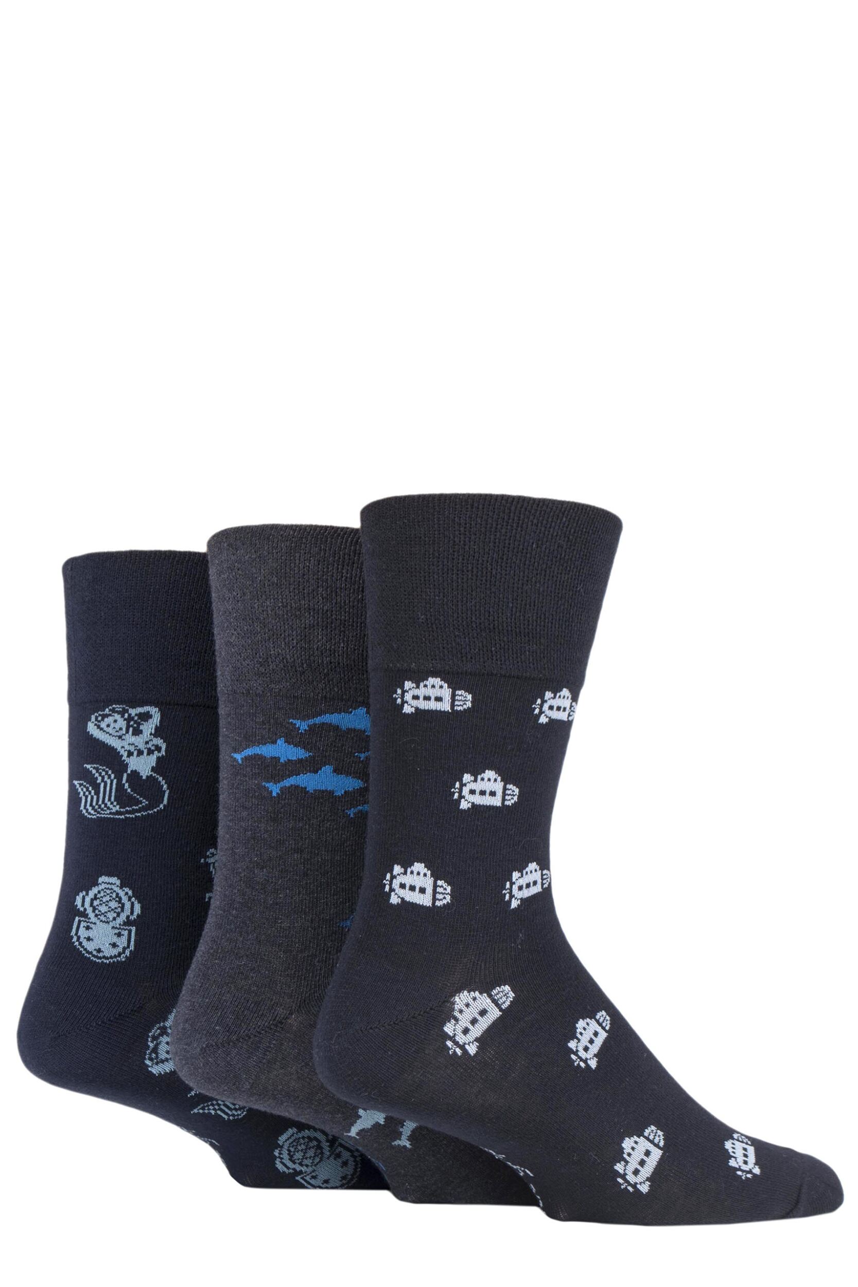 Mens 3 Pair Gentle Grip Fun Feet Socks Deep Sea 6-11 Mens
