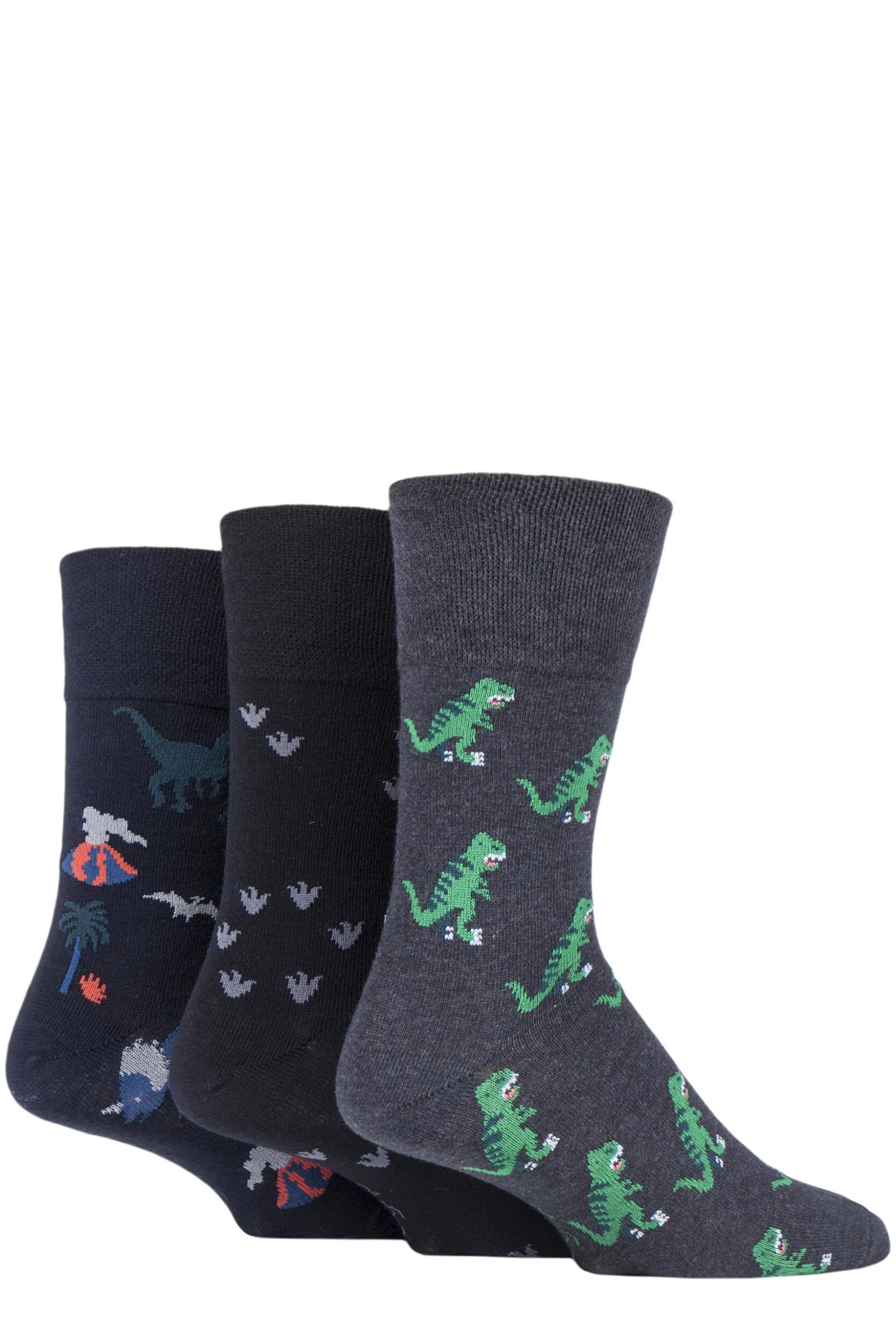 Mens 3 Pair Gentle Grip Fun Feet Socks Dinosauria 6-11 Mens