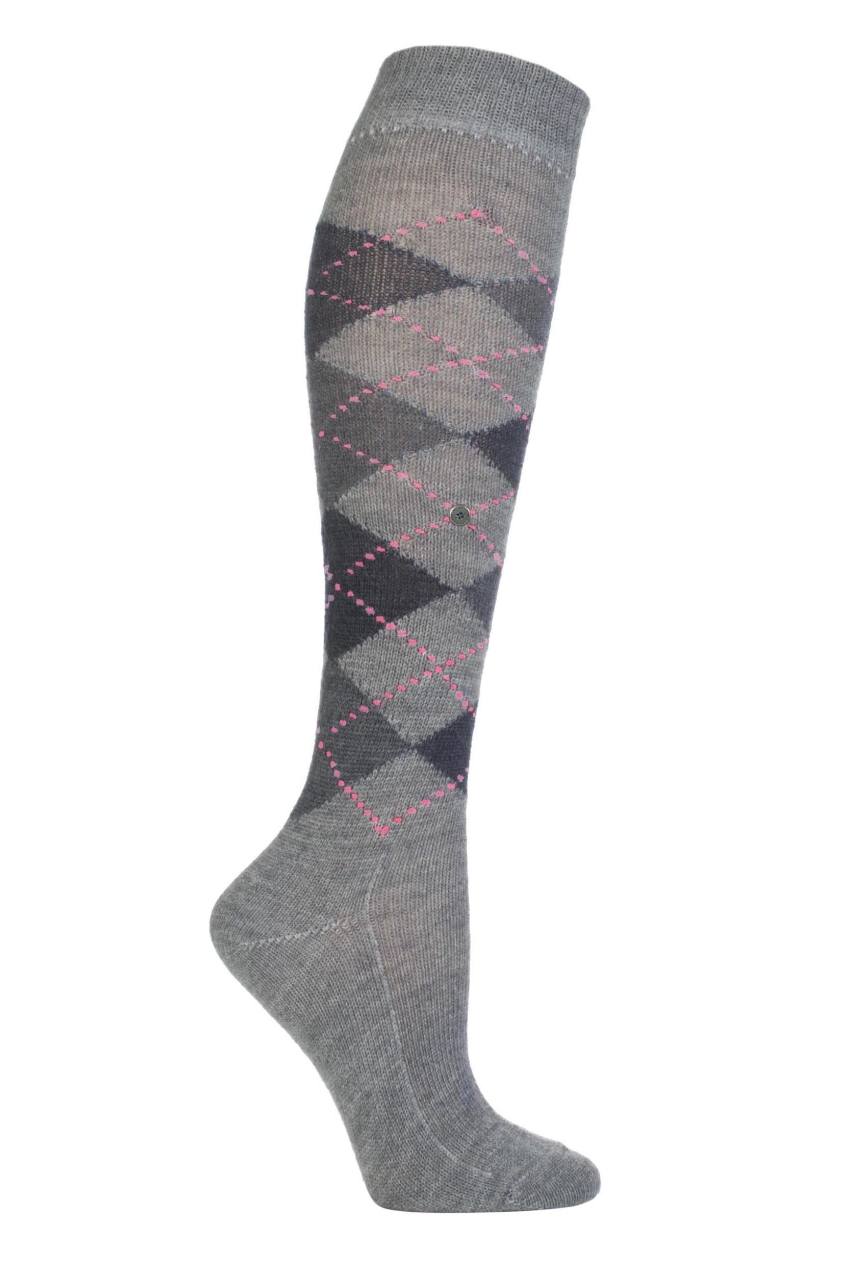 1 Pair Grey Whitby Extra Soft Argyle Knee High Socks Ladies 3.5-7 Ladies - Burlington