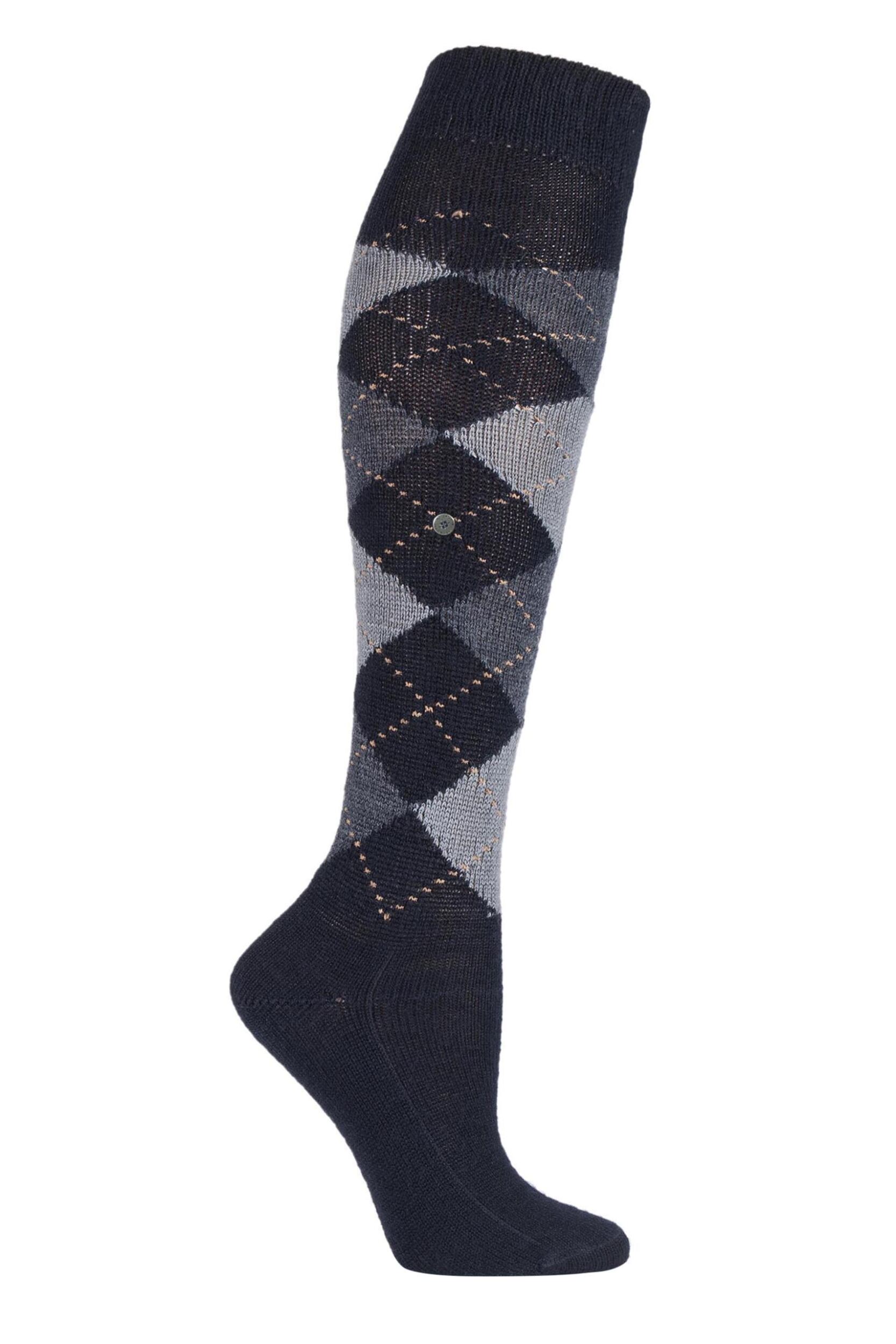 1 Pair Navy / Pale Blue Whitby Extra Soft Argyle Knee High Socks Ladies 3.5-7 Ladies - Burlington