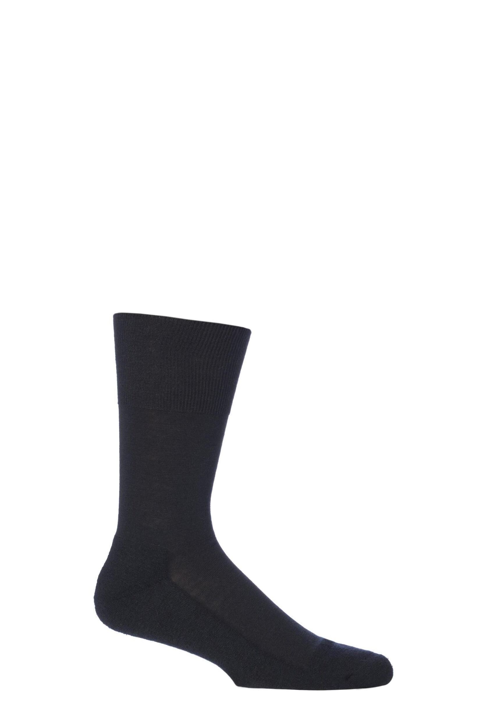 Image of Mens 1 Pair Falke Airport Plus Plain Virgin Wool and Cotton Cushioned Business Socks Dark Navy Mens