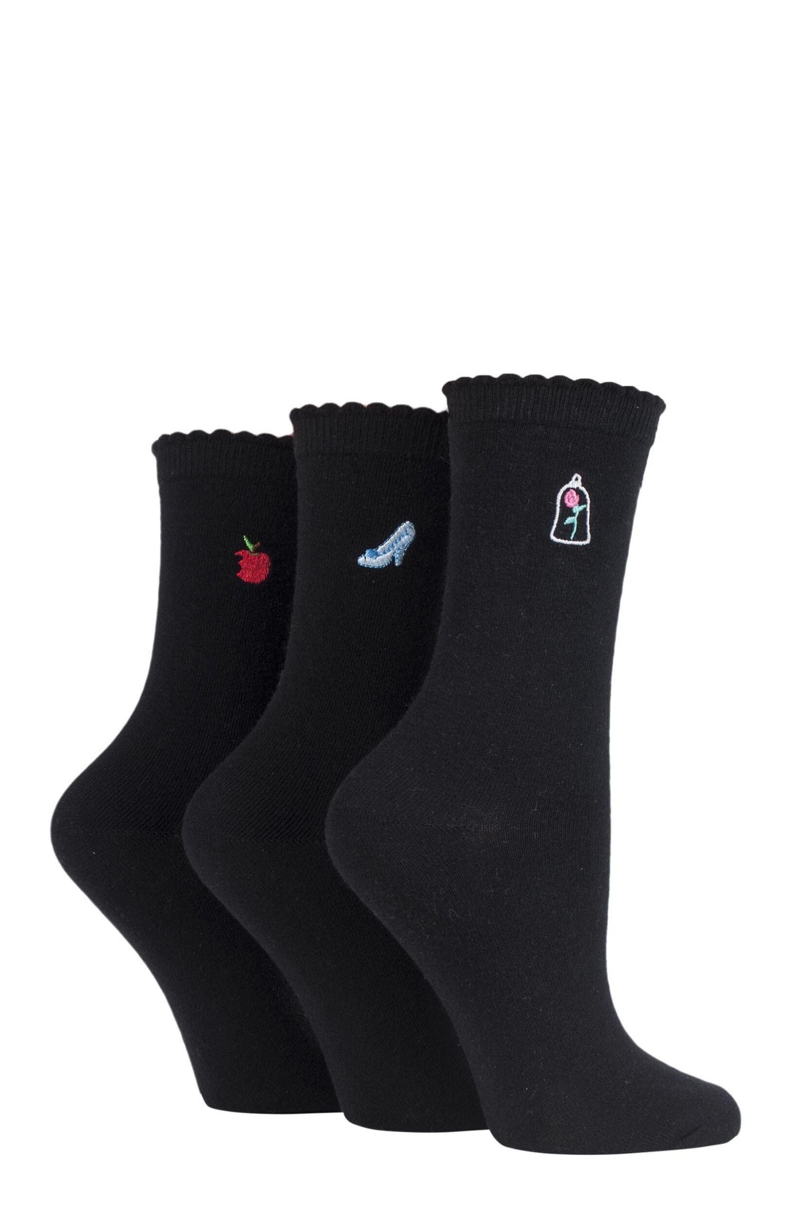 3 Pair Black Disney Princesses Embroidered Detail Cotton Socks Ladies 4-8 Ladies - Film & TV Characters