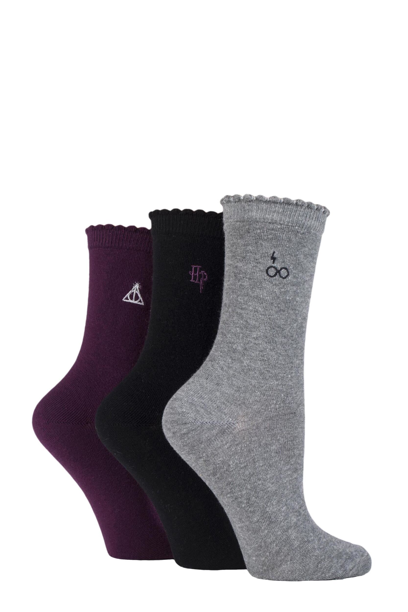 3 Pair Assorted Harry Potter Embroidered Detail Cotton Socks Ladies 4-8 Ladies - Film & TV Characters
