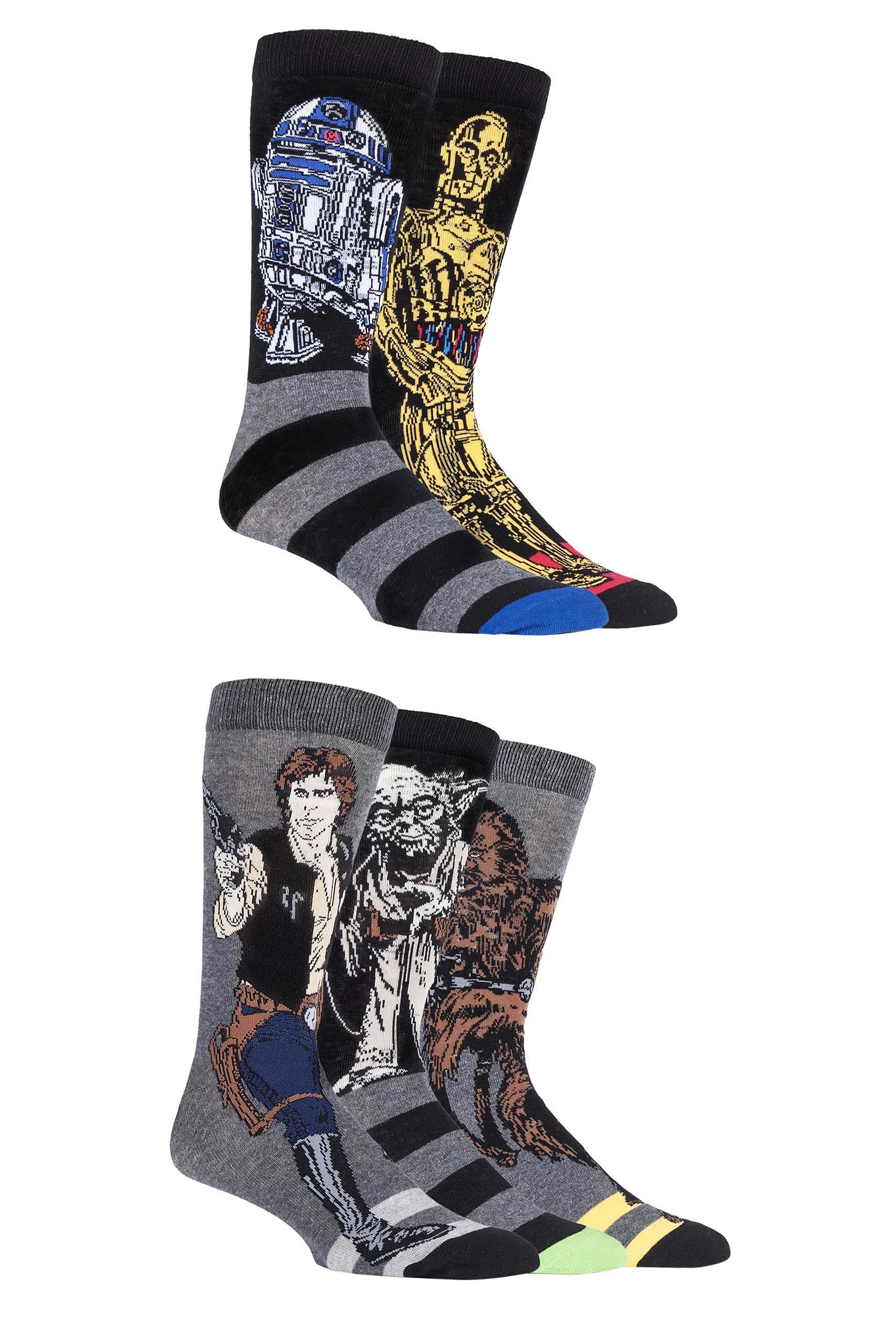 5 Pair Assorted Disney Star Wars Heroes Yoda, Chewbacca, C-3P0, R2-D2 and Han Solo Socks Men's 11-14 Mens - Film & TV Characters