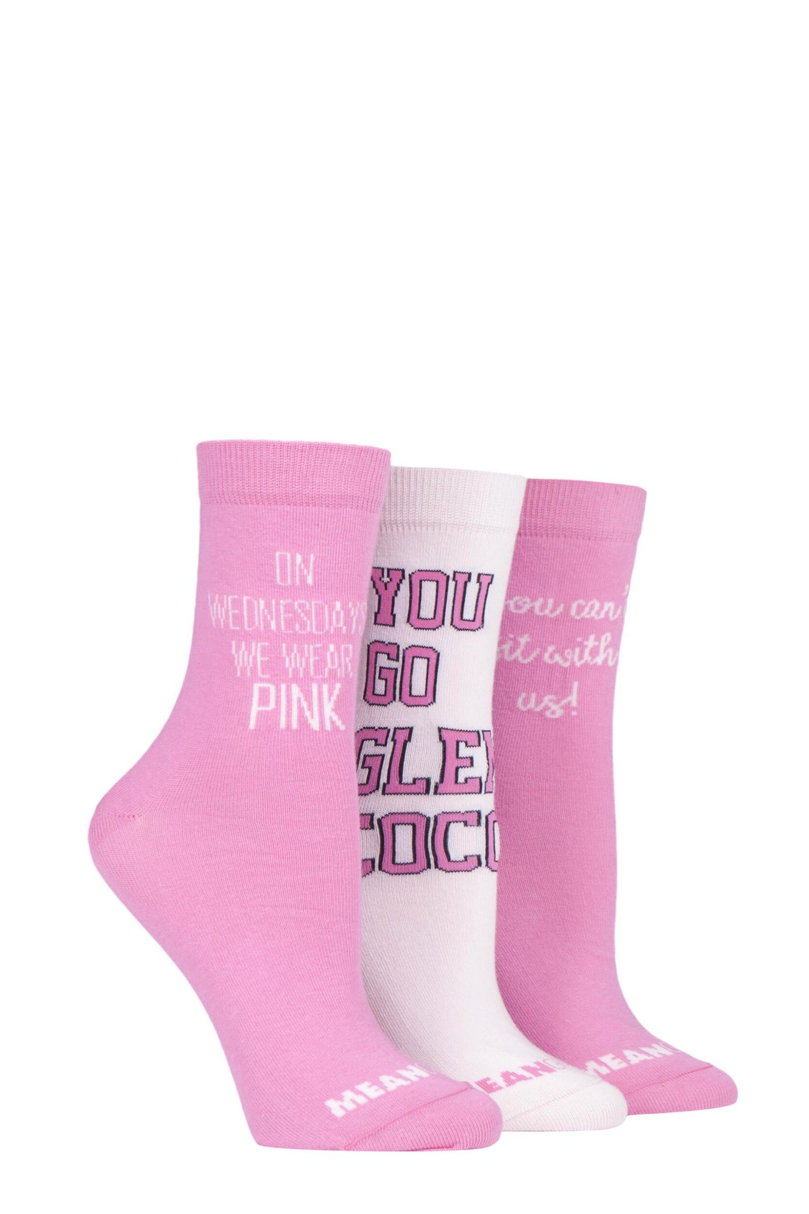 3 Pair Pink Mean Girls Cotton Socks Ladies 4-8 Ladies - Film & TV Characters