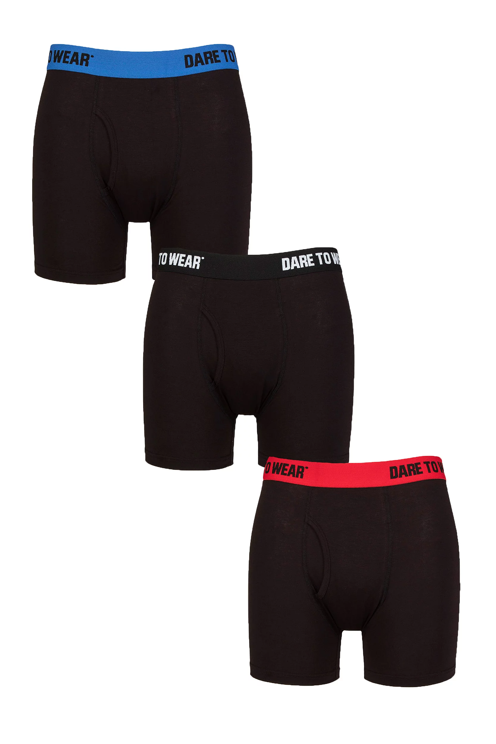 Mens 3 Pack SOCKSHOP Dare to Wear Plain and Striped Bamboo Keyhole Boxers Plain Black / Red / Blue