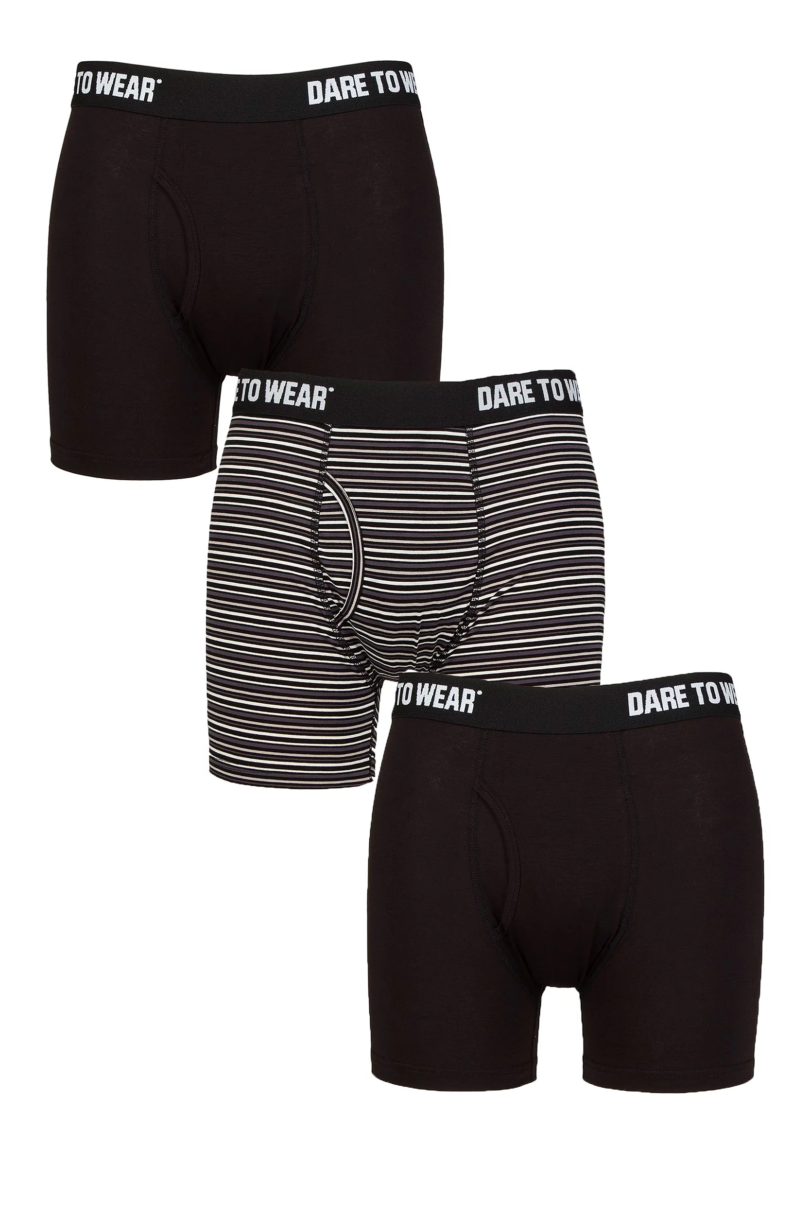 Mens 3 Pack SOCKSHOP Dare to Wear Plain and Striped Bamboo Keyhole Boxers Stripe Black / Charcoal