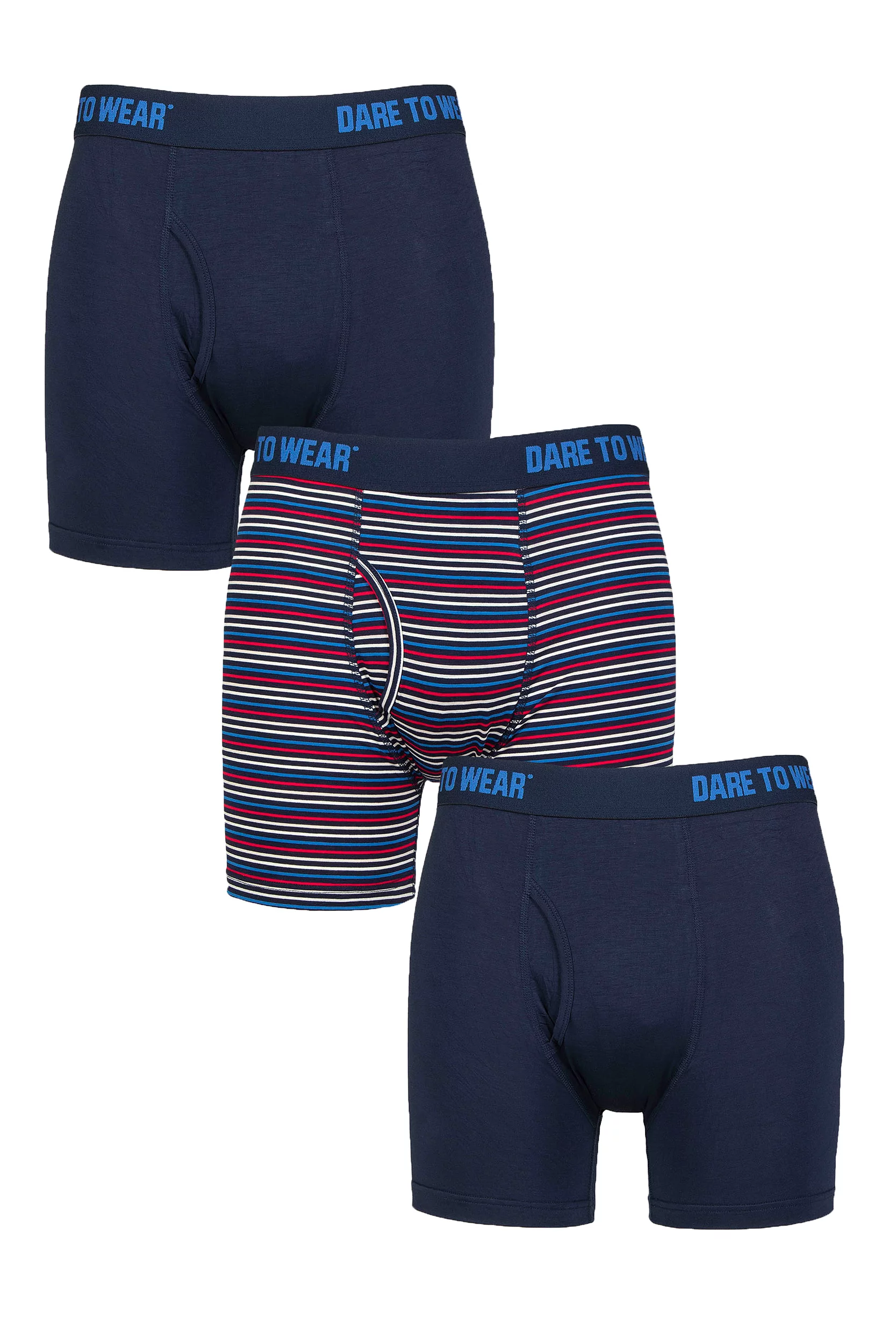 Mens 3 Pack SOCKSHOP Dare to Wear Plain and Striped Bamboo Keyhole Boxers Stripe Dark Navy
