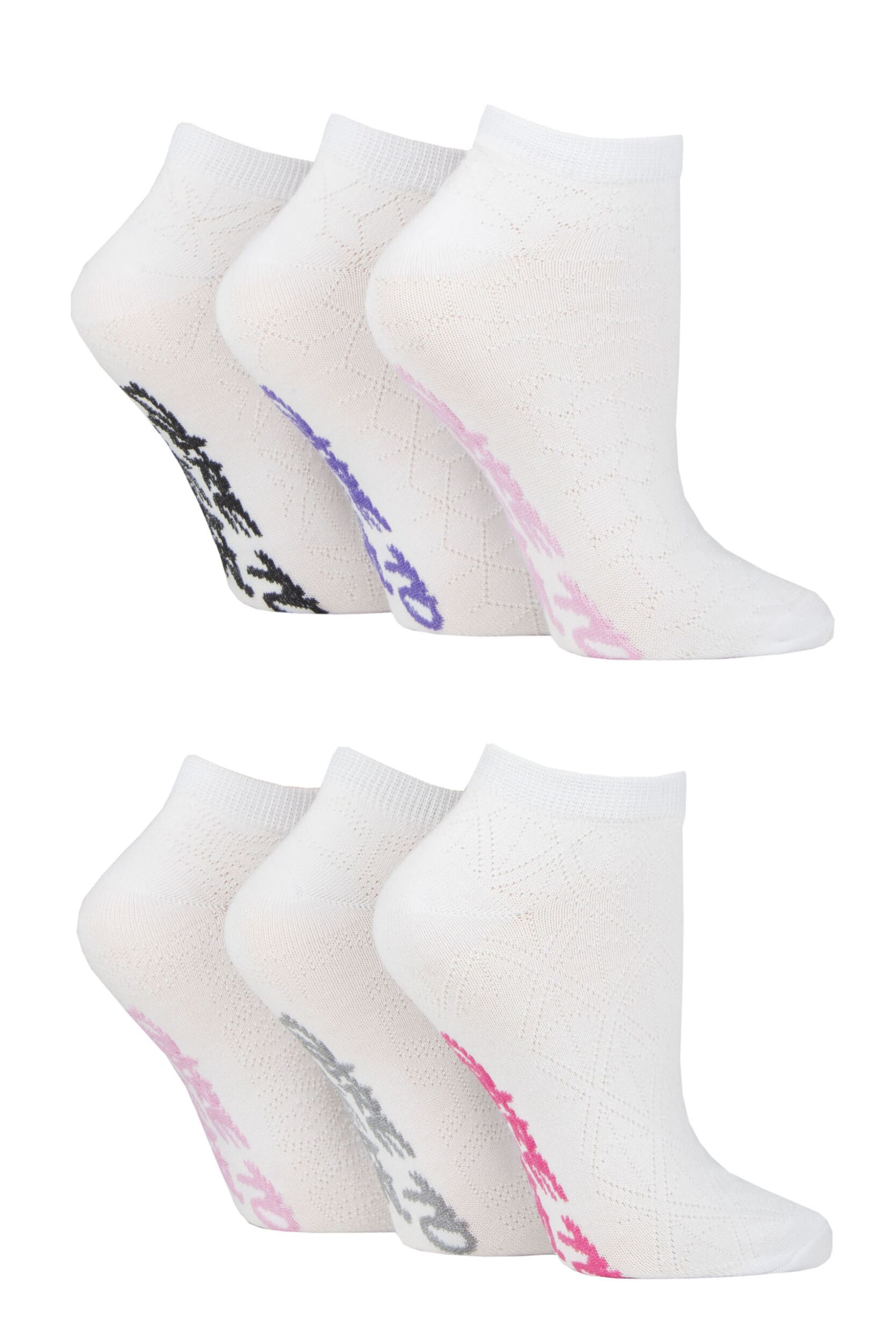 Women's 6 Pair Dare to Wear Pique Knit Patterned Trainer Socks White Geoetric 4-8 Ladies
