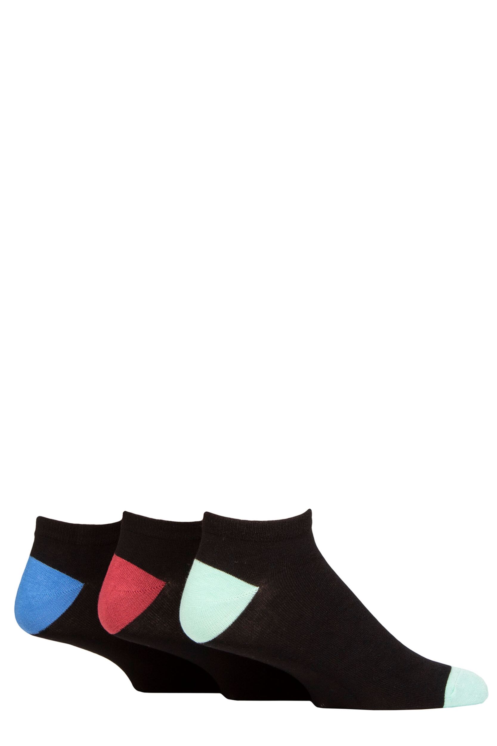 Mens 3 Pair Glenmuir Bamboo Trainer Socks Black Mint / Red / Blue Heel & Toe UK 7-11