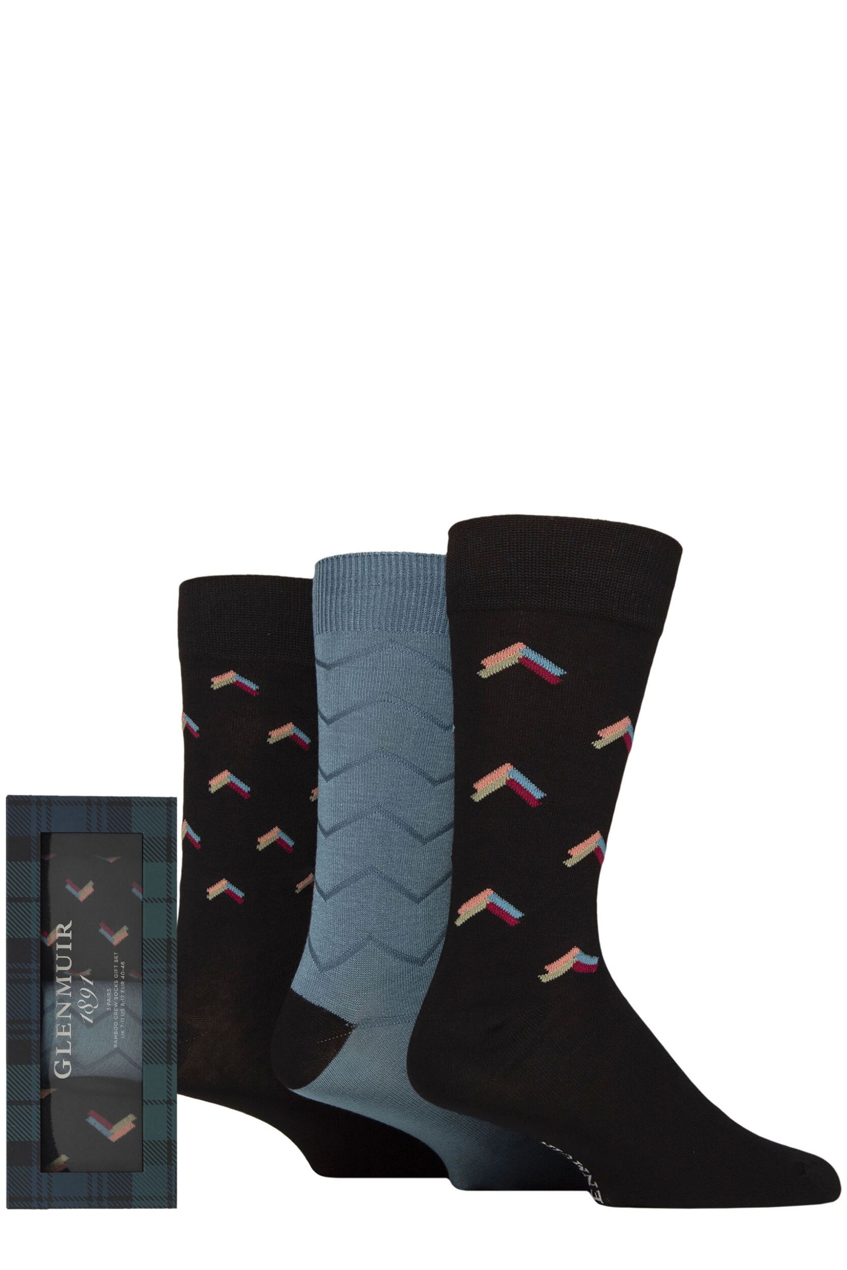 Image of Mens 3 Pair Glenmuir Patterned and Plain Gift Boxed Bamboo Socks Black / Teal 7-11