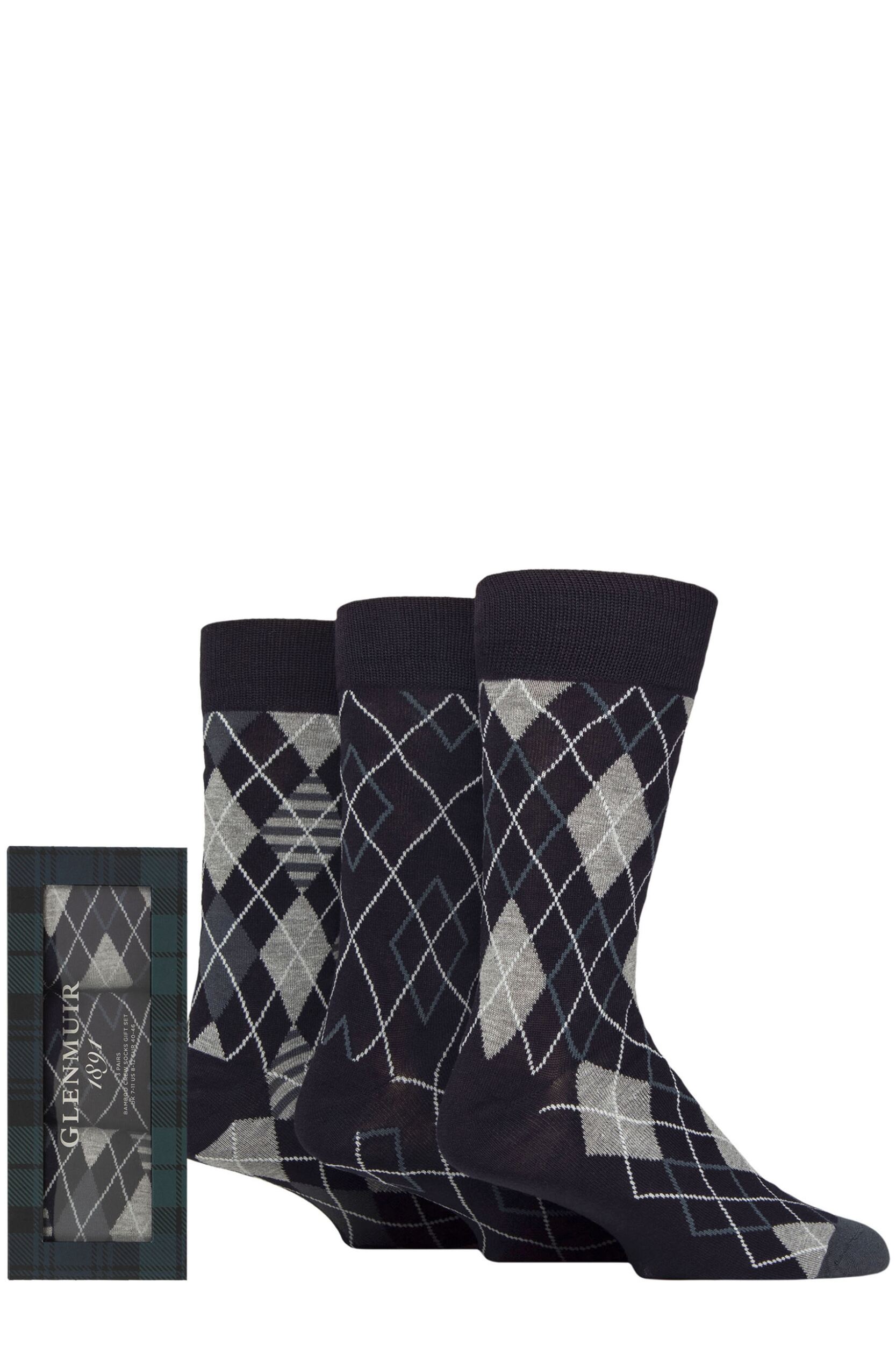 Image of Mens 3 Pair Glenmuir Patterned and Plain Gift Boxed Bamboo Socks Navy Argyle 7-11