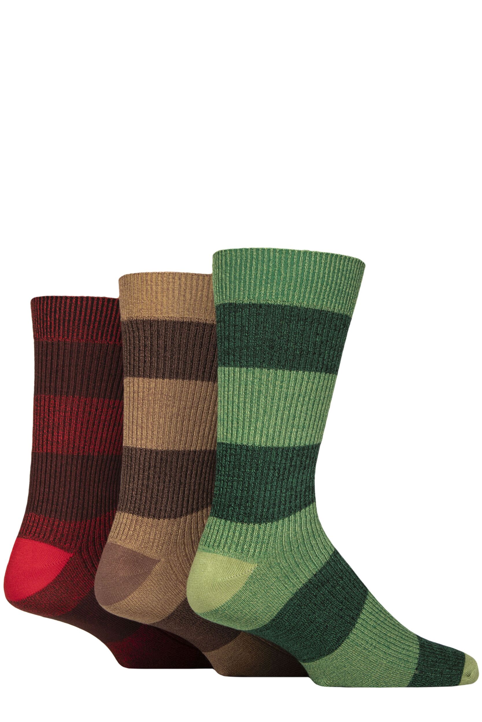 Image of Mens 3 Pair Glenmuir Bamboo Leisure Socks Block Stripes Green / Red / Brown 7-11 Mens
