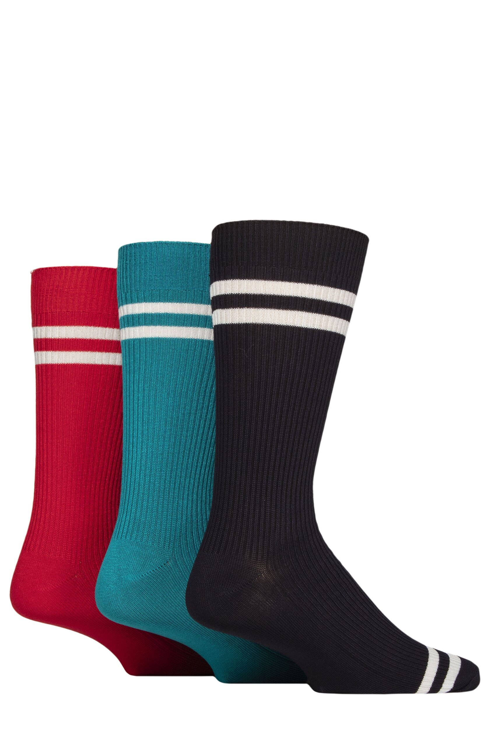 Mens 3 Pair Glenmuir Bamboo Leisure Socks Sports Stripes Navy / Teal / Red 7-11 Mens