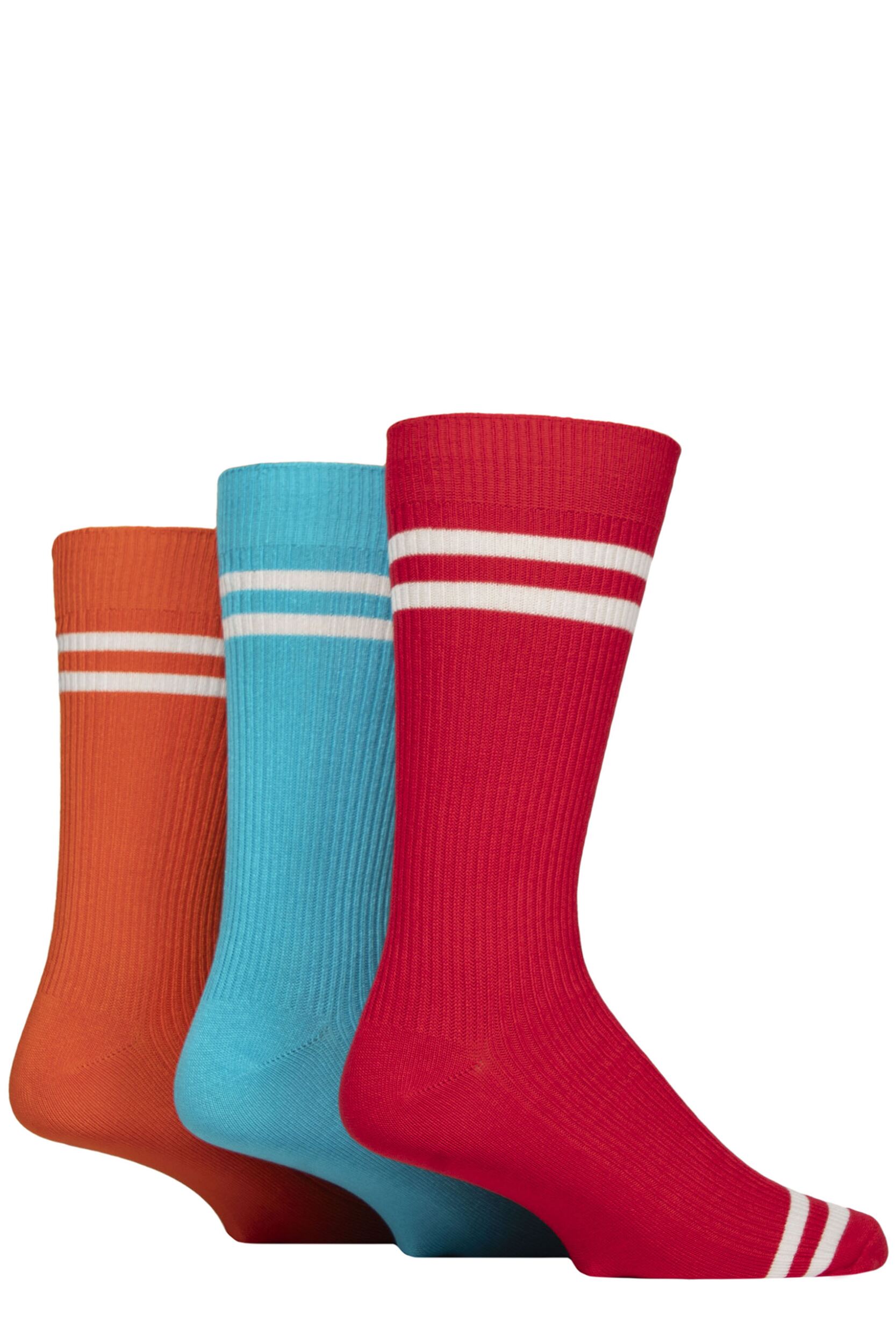 Image of Mens 3 Pair Glenmuir Bamboo Leisure Socks Sports Stripes Red / Orange / Blue 7-11 Mens