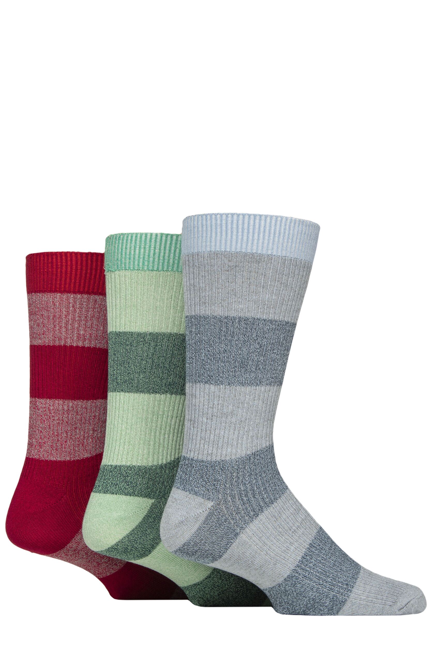 Mens 3 Pair Glenmuir Bamboo Leisure Socks Block Stripes Blue / Green / Red 7-11 Mens