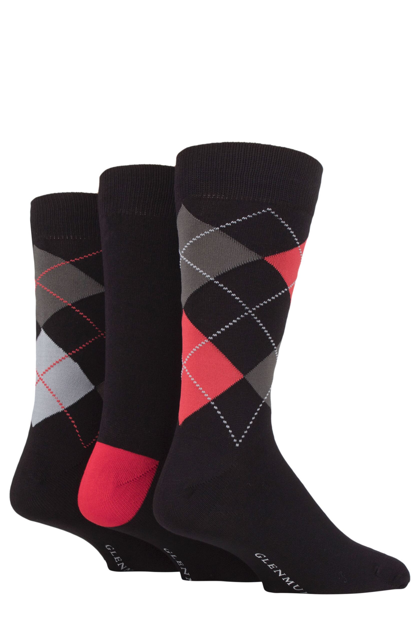 Image of 3 Pair Black 2 Classic Bamboo Argyle Socks Mens - Glenmuir