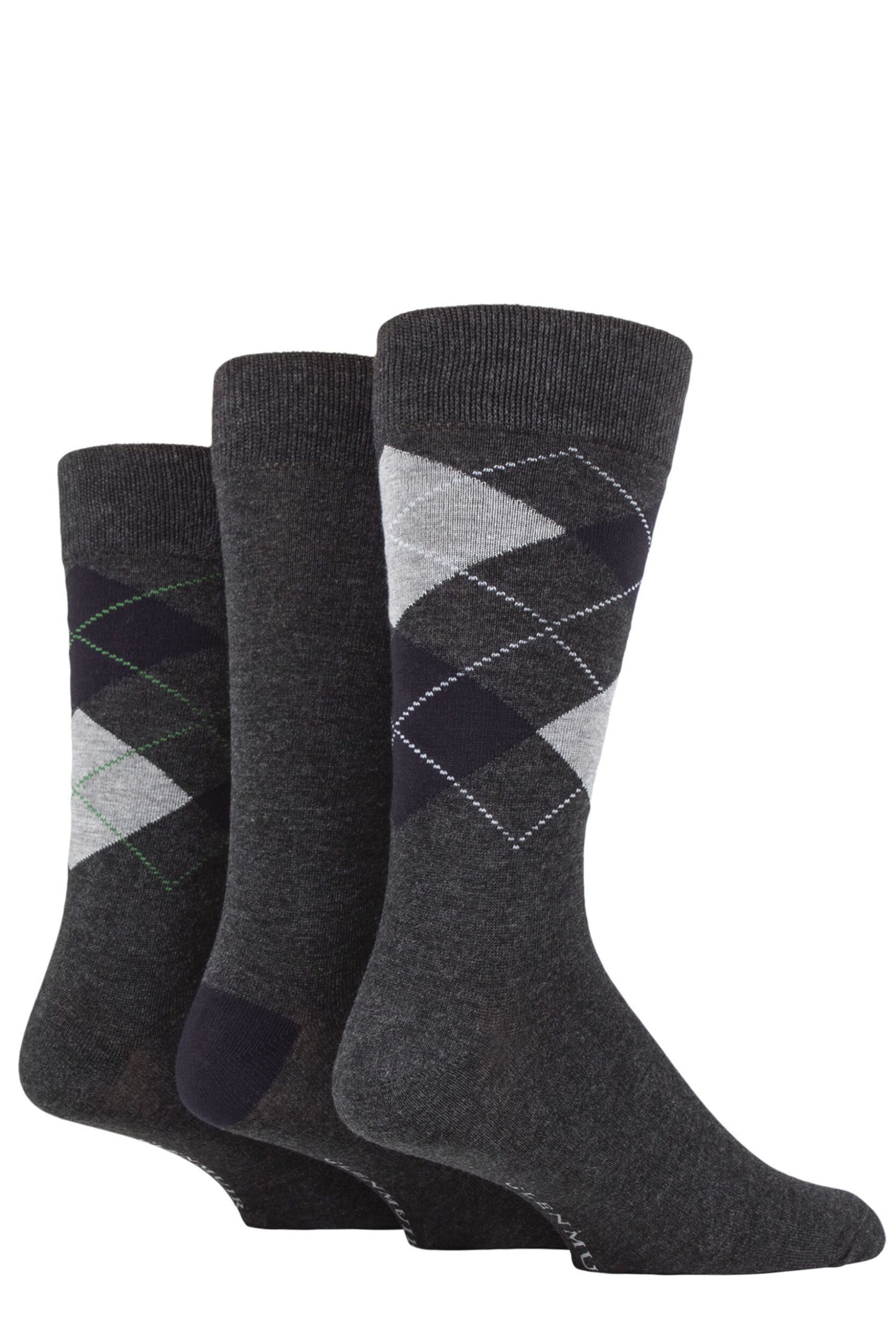 3 Pair Charcoal 2 Classic Bamboo Argyle Socks Men's 7-11 Mens - Glenmuir