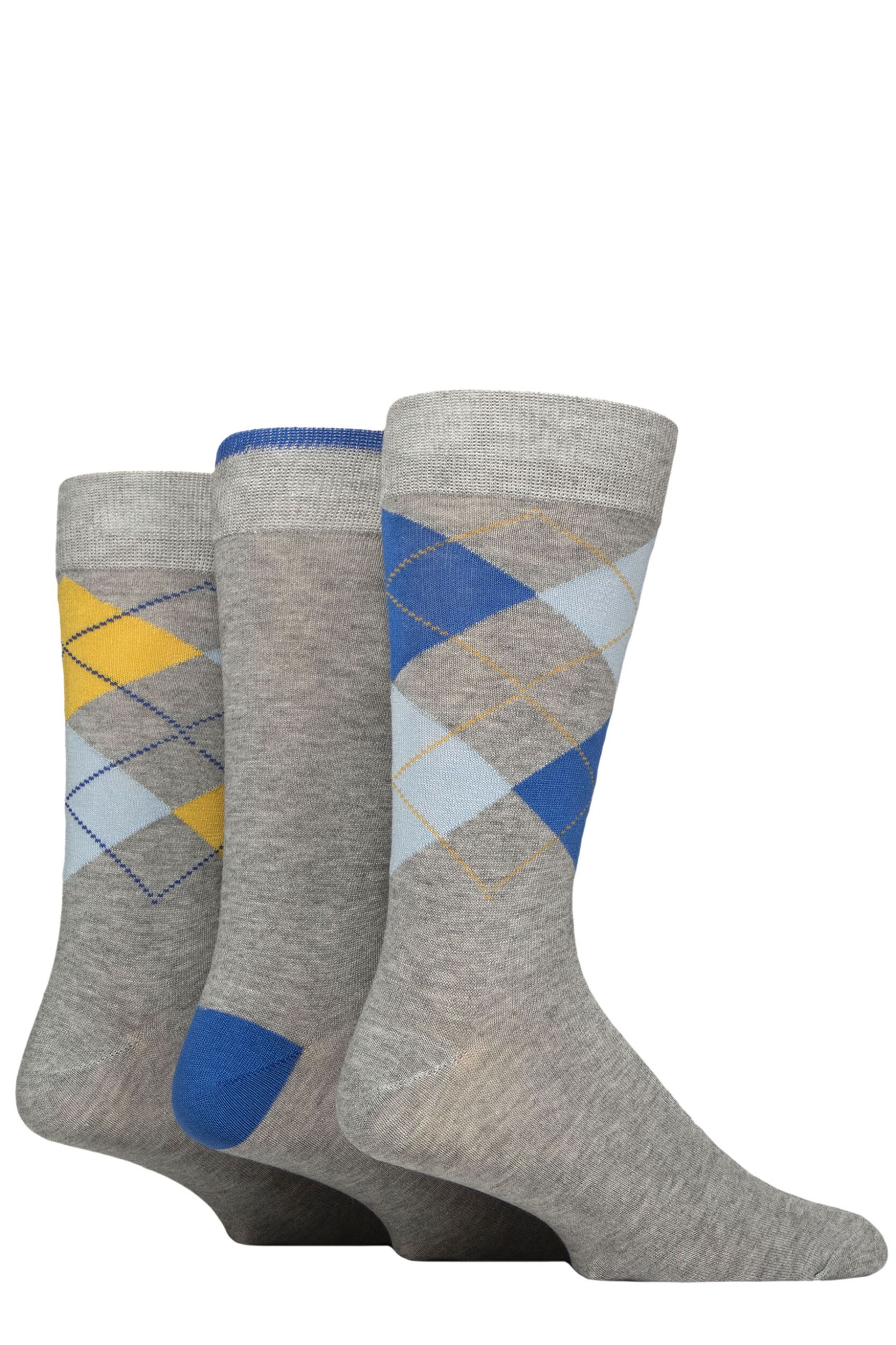 Mens 3 Pair Glenmuir Classic Bamboo Argyle Socks Grey / Blue 7-11 Mens