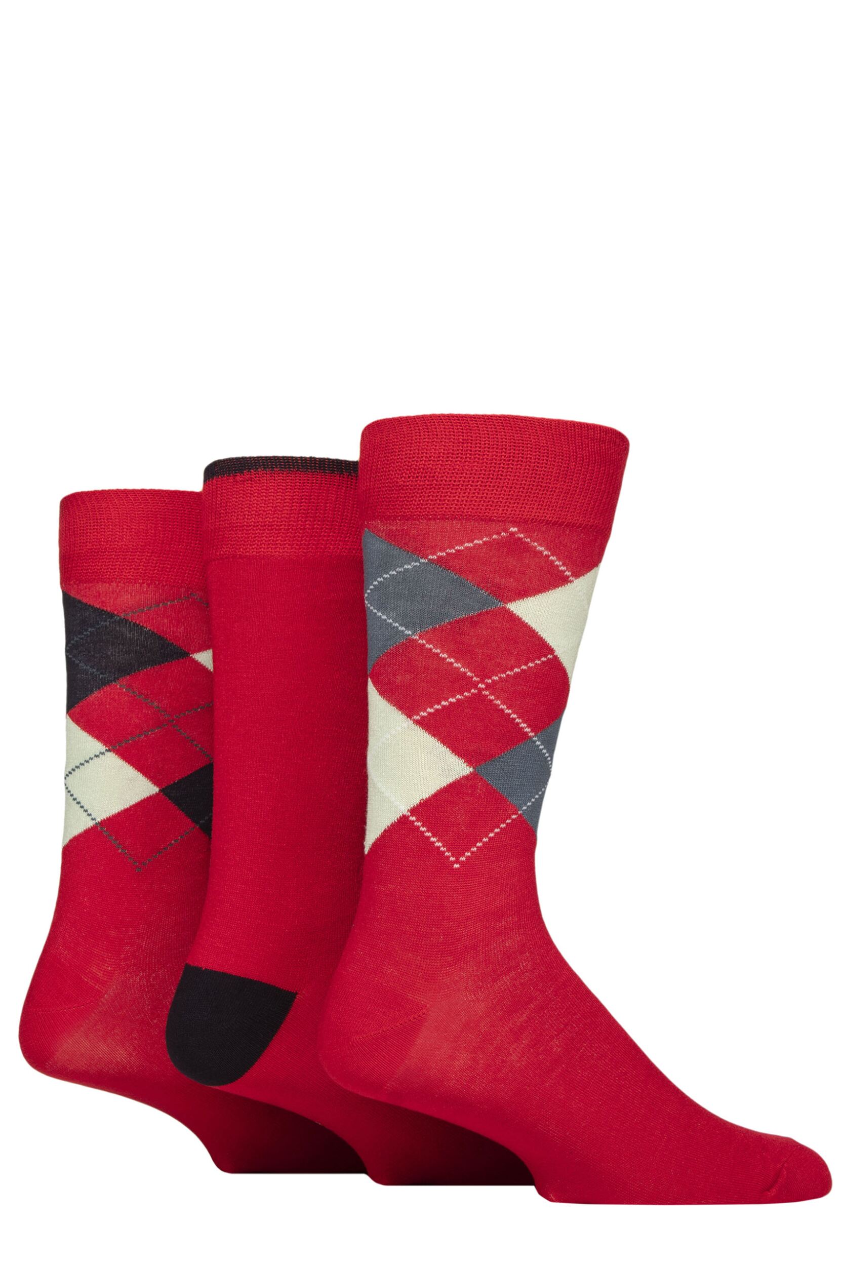 Image of Mens 3 Pair Glenmuir Classic Bamboo Argyle Socks Red Charcoal / Mint 7-11 Mens