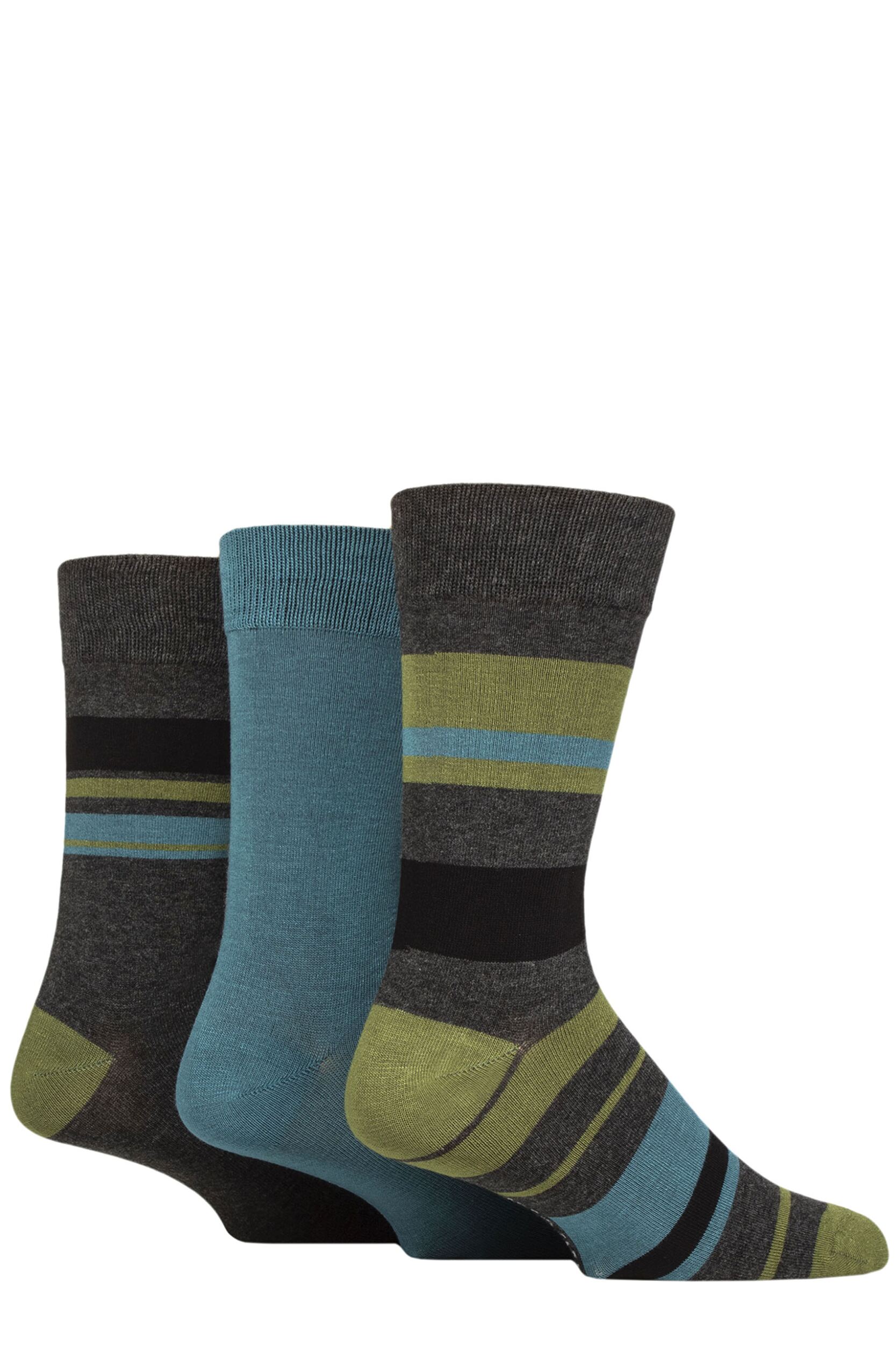 Image of Mens 3 Pair Glenmuir Patterned Bamboo Socks Block Stripes Charcoal 7-11