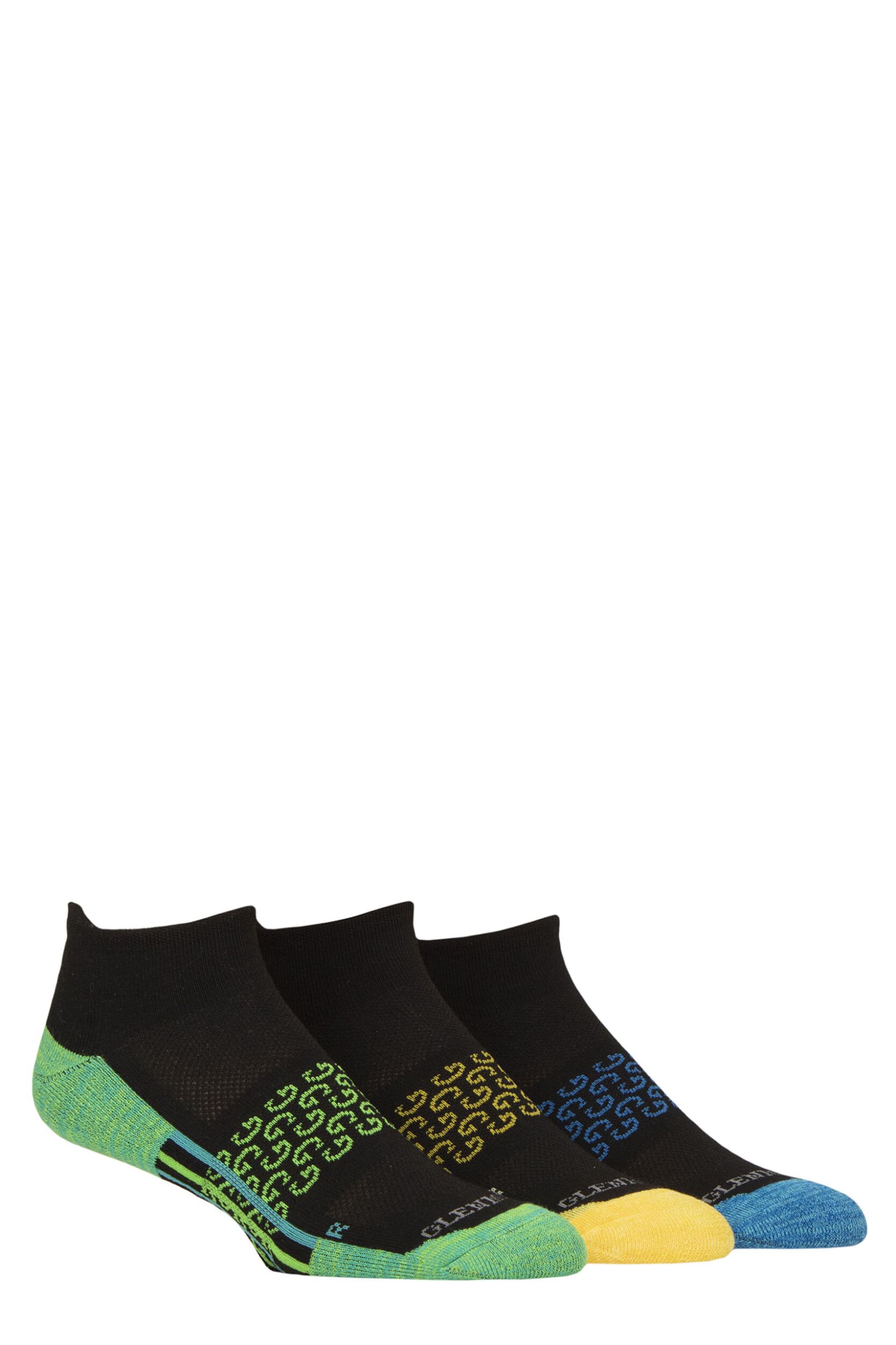 Mens 3 Pair Glenmuir Sport Technical Cushioned Trainer Socks Black Green / Blue 7-11 Mens