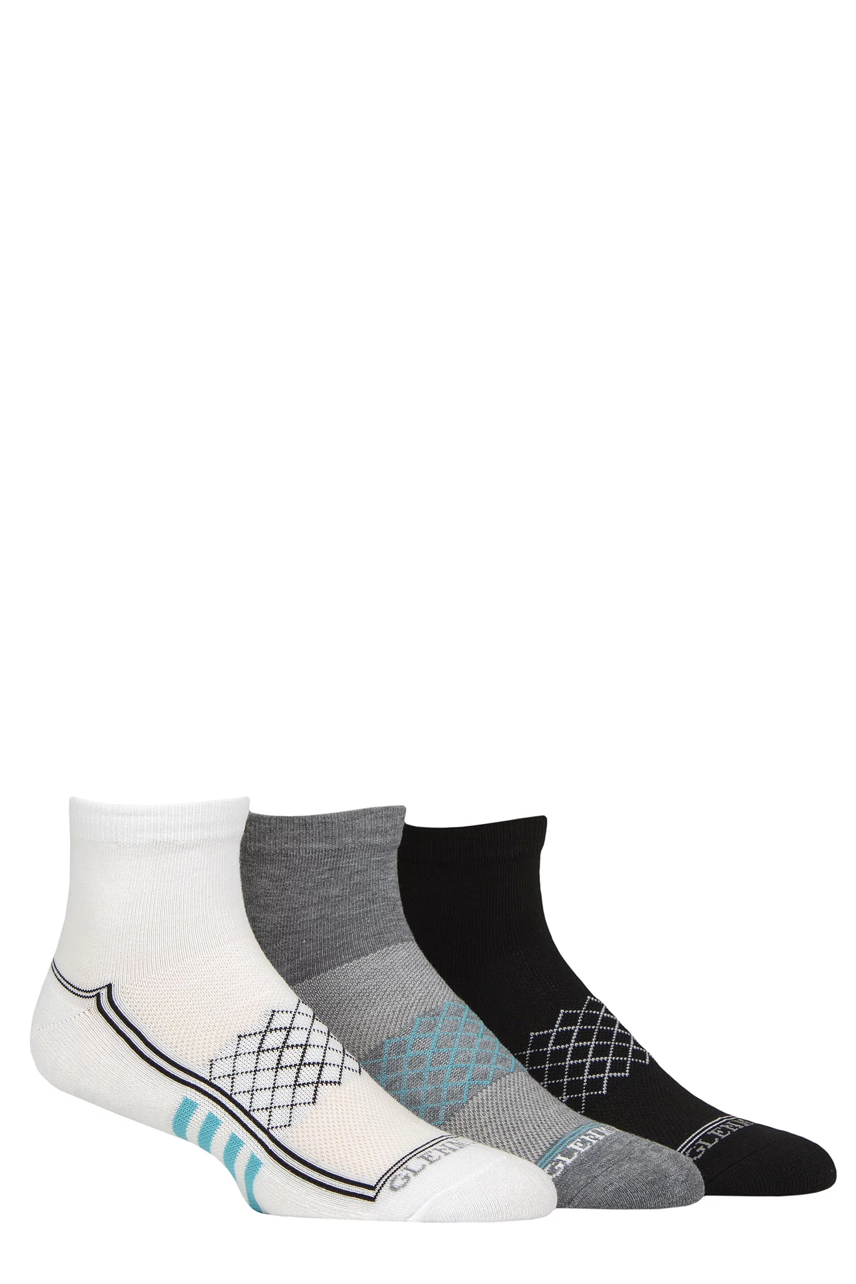 Mens 3 Pair Glenmuir Cushioned Sports Quarter Socks Black / White / Grey 7