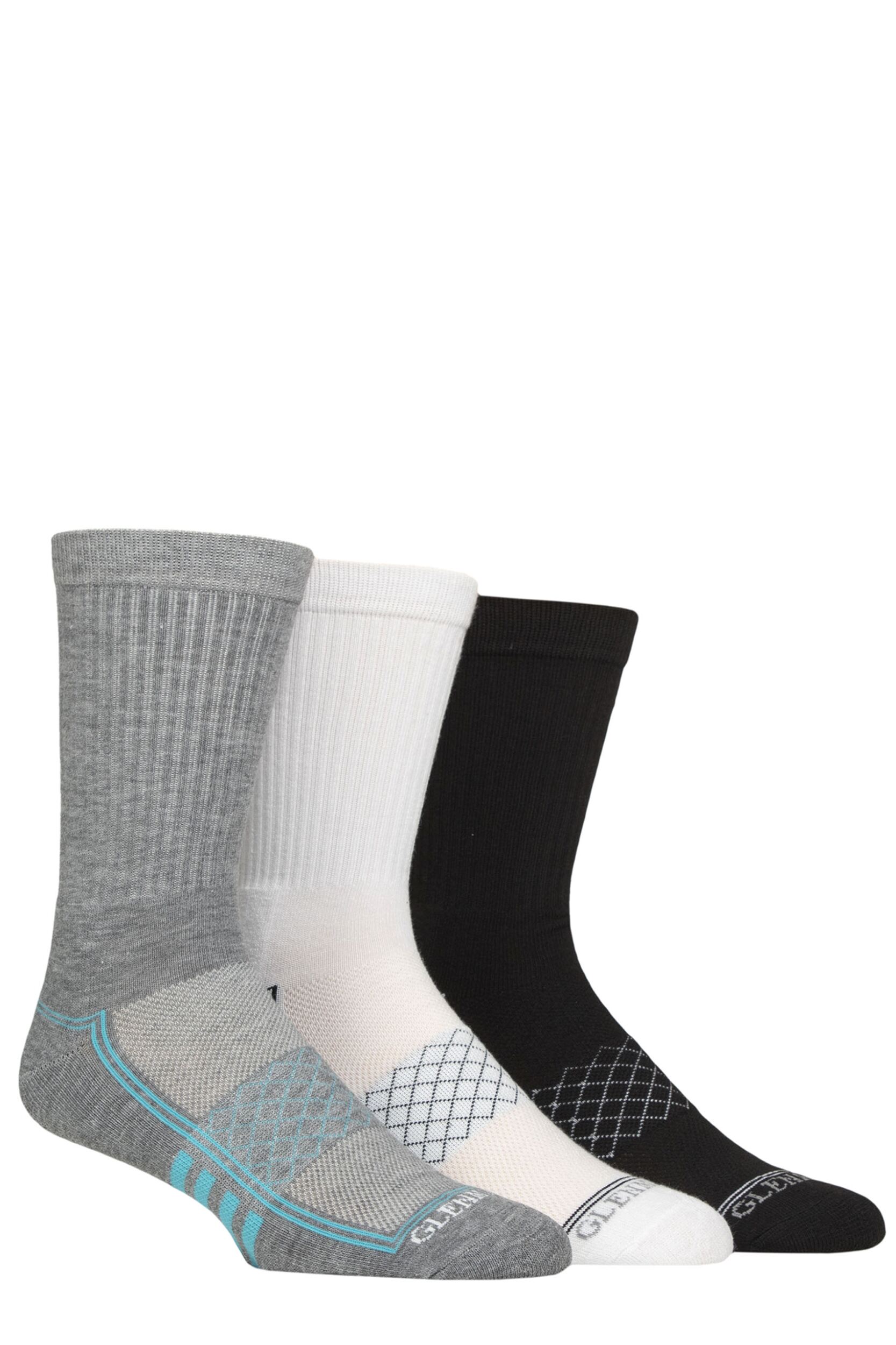 Mens 3 Pair Glenmuir Cushioned Sports Crew Socks Black / White / Grey 7